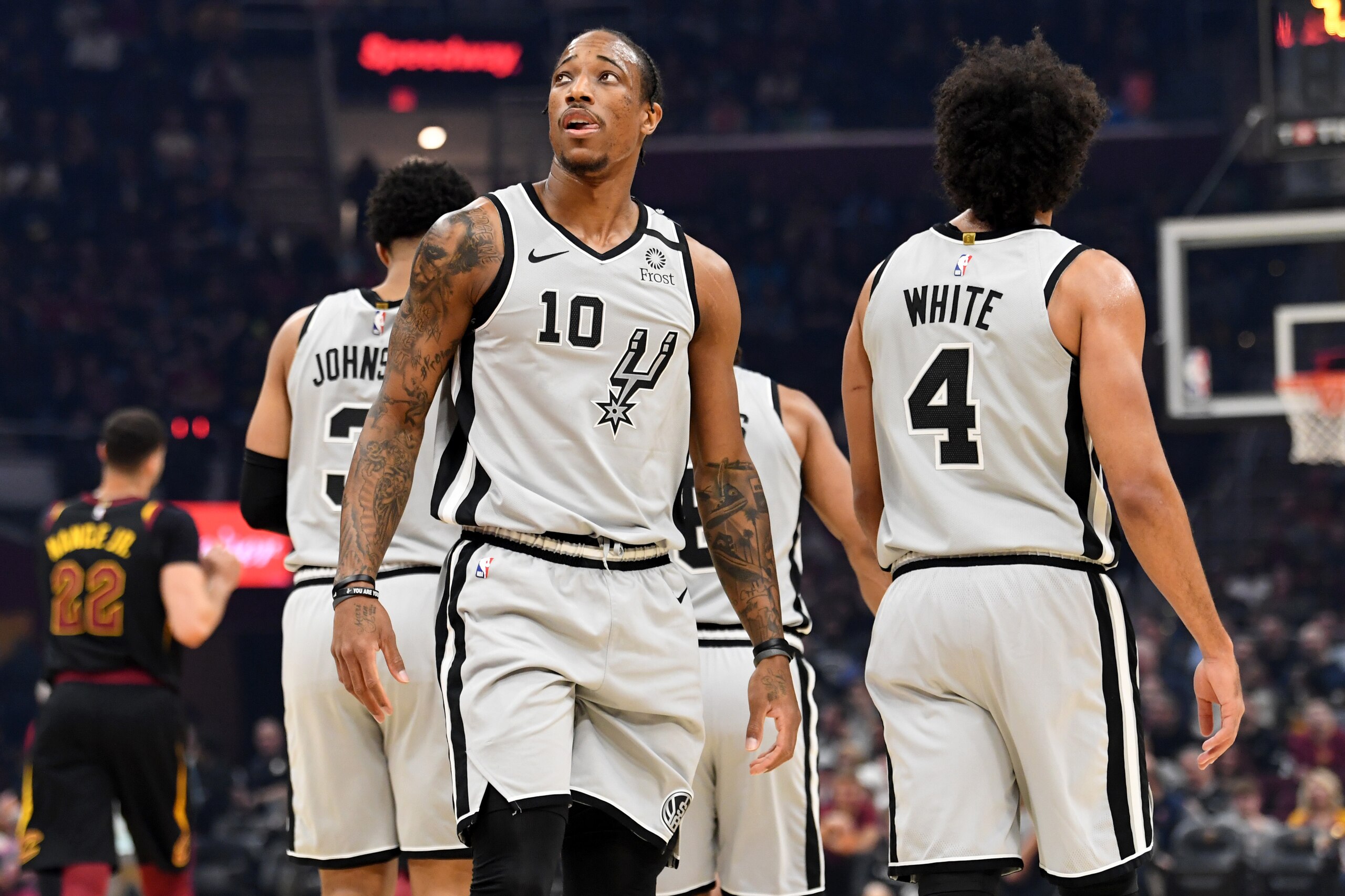 CLEVELAND, OHIO - MARCH 08: DeMar DeRozan #10 of the San Antonio Spurs watches the scoreboard during the first half against the Cleveland Cavaliers at Rocket Mortgage Fieldhouse on March 08, 2020 in Cleveland, Ohio. NOTE TO USER: User expressly acknowledg