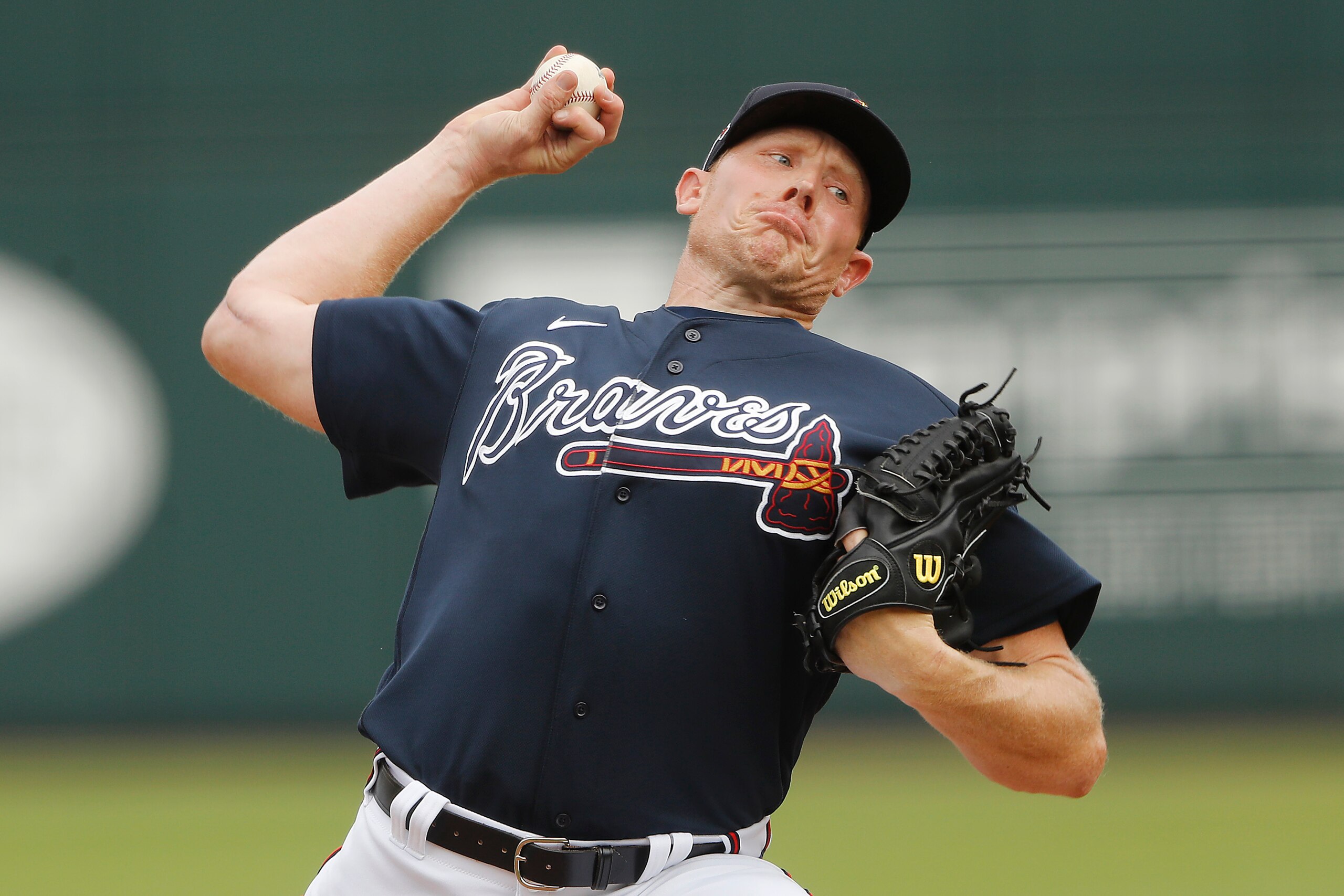 NORTH PORT, FLORIDA - MARCH 10:  Mark Melancon #36 of the Atlanta Braves delivers a pitch in the sixth inning against the Houston Astros during a Grapefruit League spring training game on March 10, 2020 in North Port, Florida. (Photo by Michael Reaves/Get