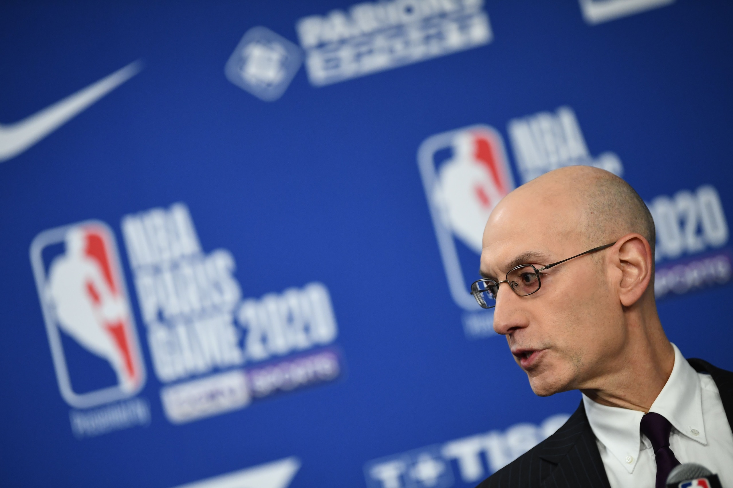 NBA commissioner Adam Silver gestures as he addresses a press conference ahead of the NBA basketball match between Milwaukee Bucks and Charlotte Hornets at The AccorHotels Arena in Paris on January 24, 2020. (Photo by FRANCK FIFE / AFP) (Photo by FRANCK F