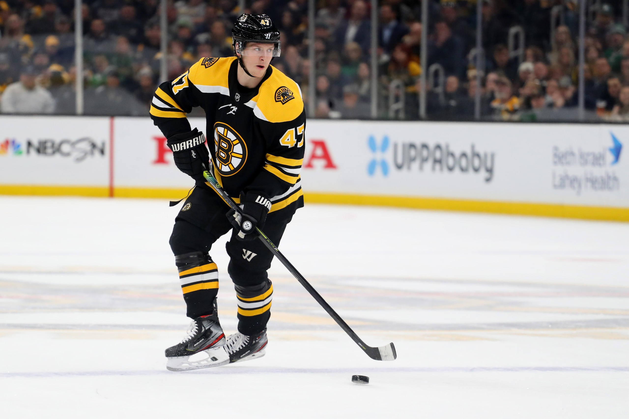 BOSTON, MASSACHUSETTS - FEBRUARY 27: Torey Krug #47 of the Boston Bruins skates against the Dallas Stars first period at TD Garden on February 27, 2020 in Boston, Massachusetts. (Photo by Maddie Meyer/Getty Images)