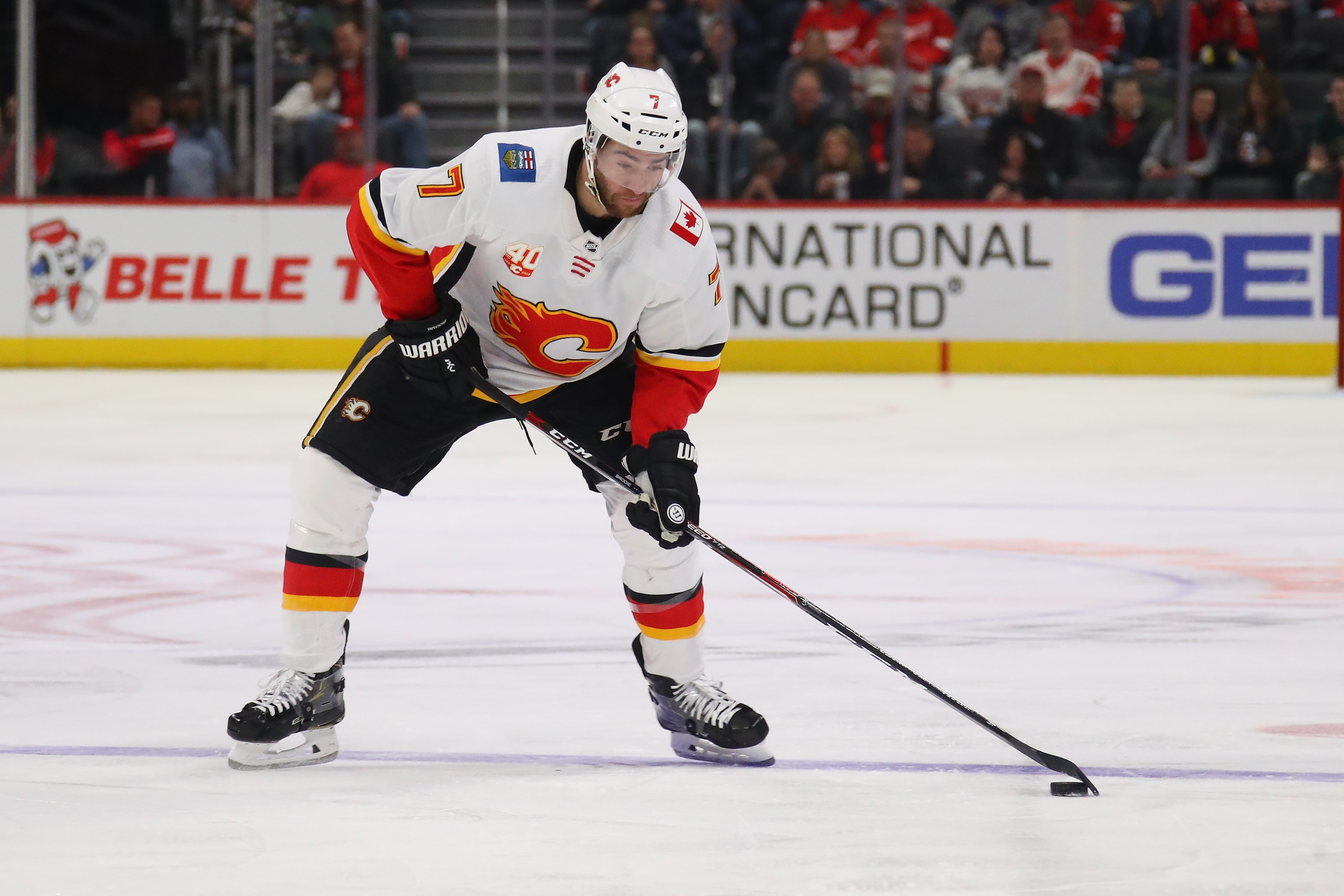 DETROIT, MICHIGAN - FEBRUARY 23: TJ Brodie #7 of the Calgary Flames skates against the Detroit Red Wings at Little Caesars Arena on February 23, 2020 in Detroit, Michigan. (Photo by Gregory Shamus/Getty Images)