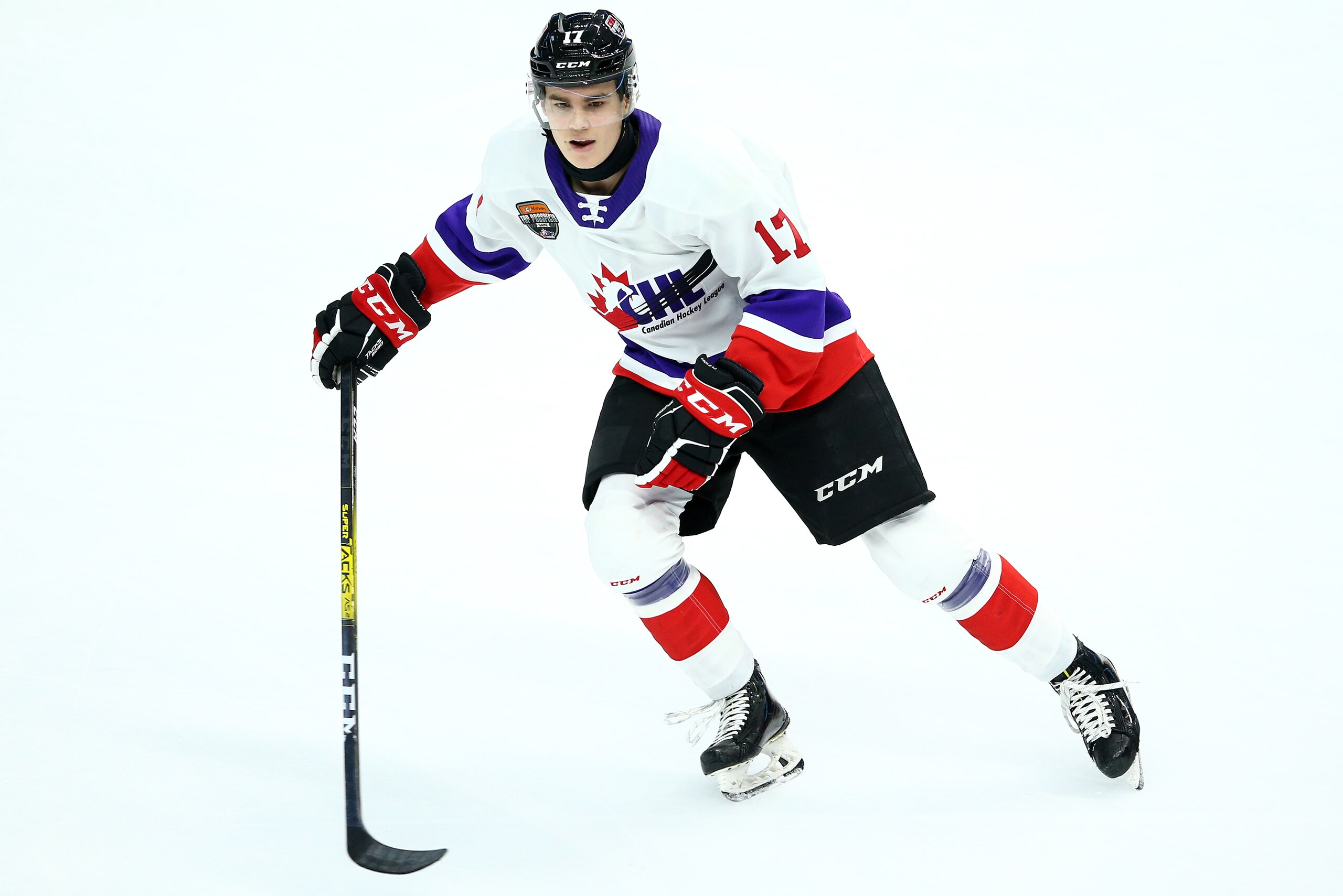 HAMILTON, ON - JANUARY 16:  Ridly Greig #17 of Team White skates during the 2020 CHL/NHL Top Prospects Game against Team Red at FirstOntario Centre on January 16, 2020 in Hamilton, Canada.  (Photo by Vaughn Ridley/Getty Images)