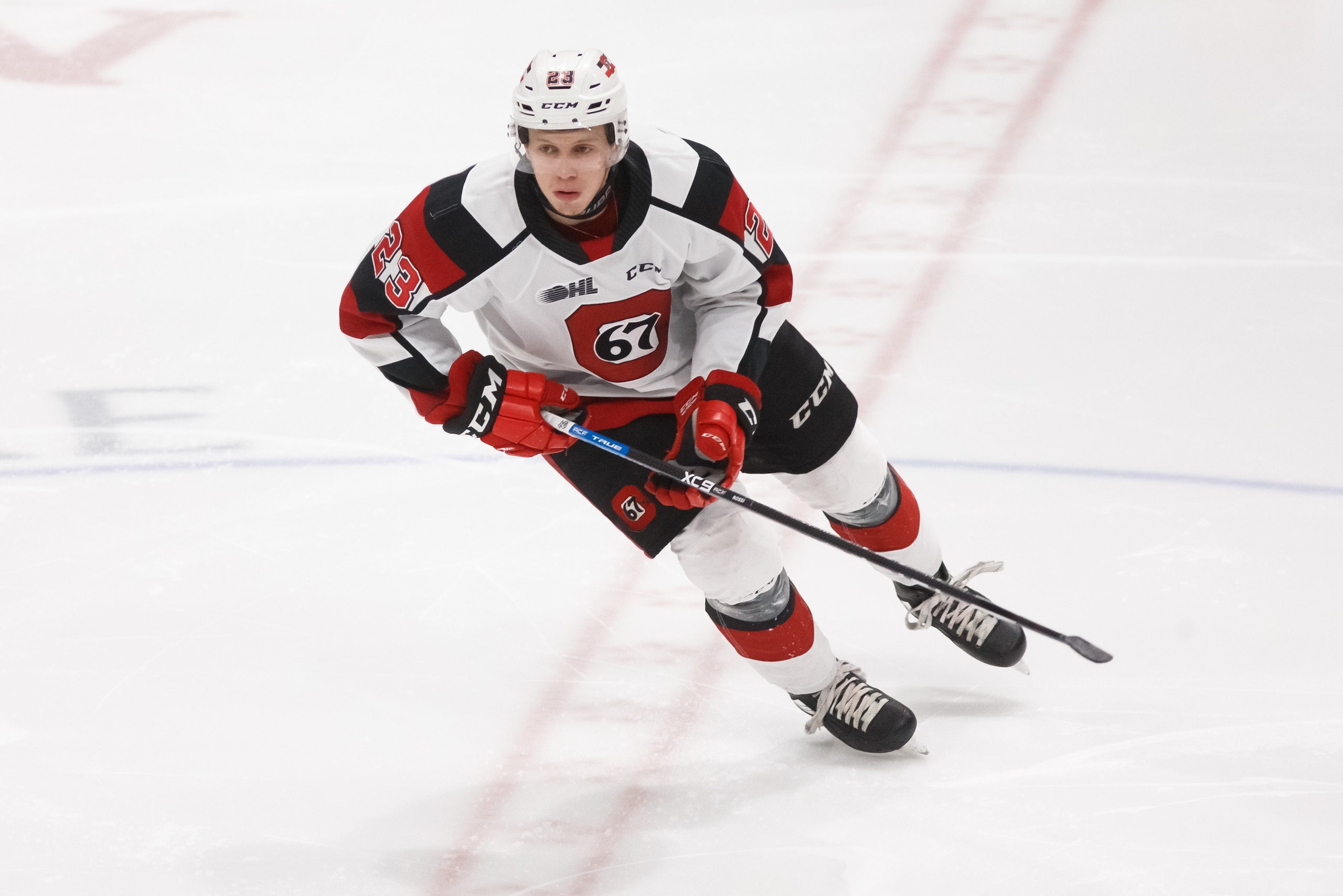 OSHAWA, ON - MARCH 1: Marco Rossi #23 of the Ottawa 67's skates during an OHL game against the Oshawa Generals at the Tribute Communities Centre on March 1, 2020 in Oshawa, Ontario, Canada.  (Photo by Chris Tanouye/Getty Images)
