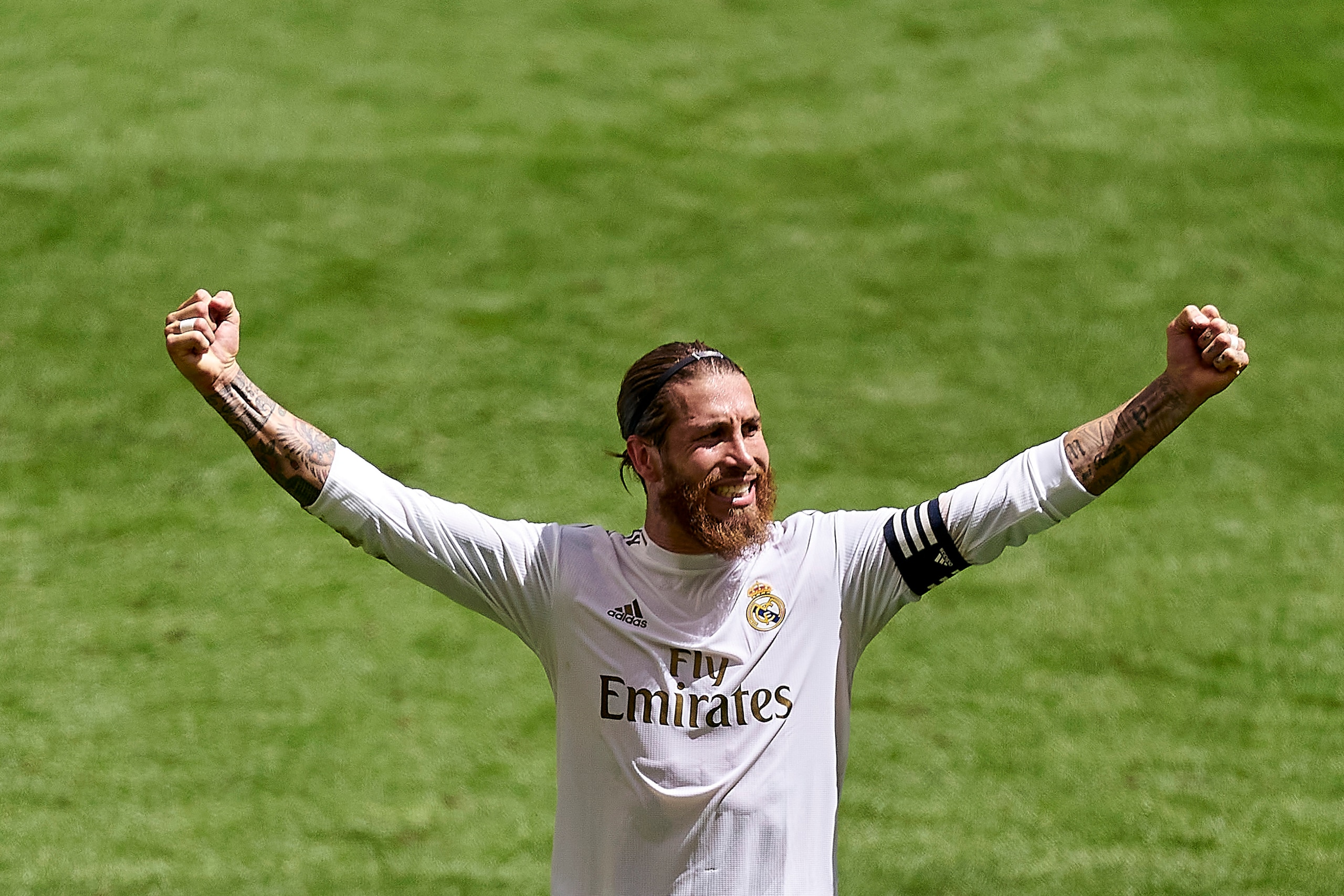 BILBAO, SPAIN - JULY 05: Sergio Ramos of Real Madrid CF  celebrates victory at the end of the game during the Liga match between Athletic Club and Real Madrid CF at San Mames Stadium on July 05, 2020 in Bilbao, Spain. (Photo by Diego Souto/Quality Sport I