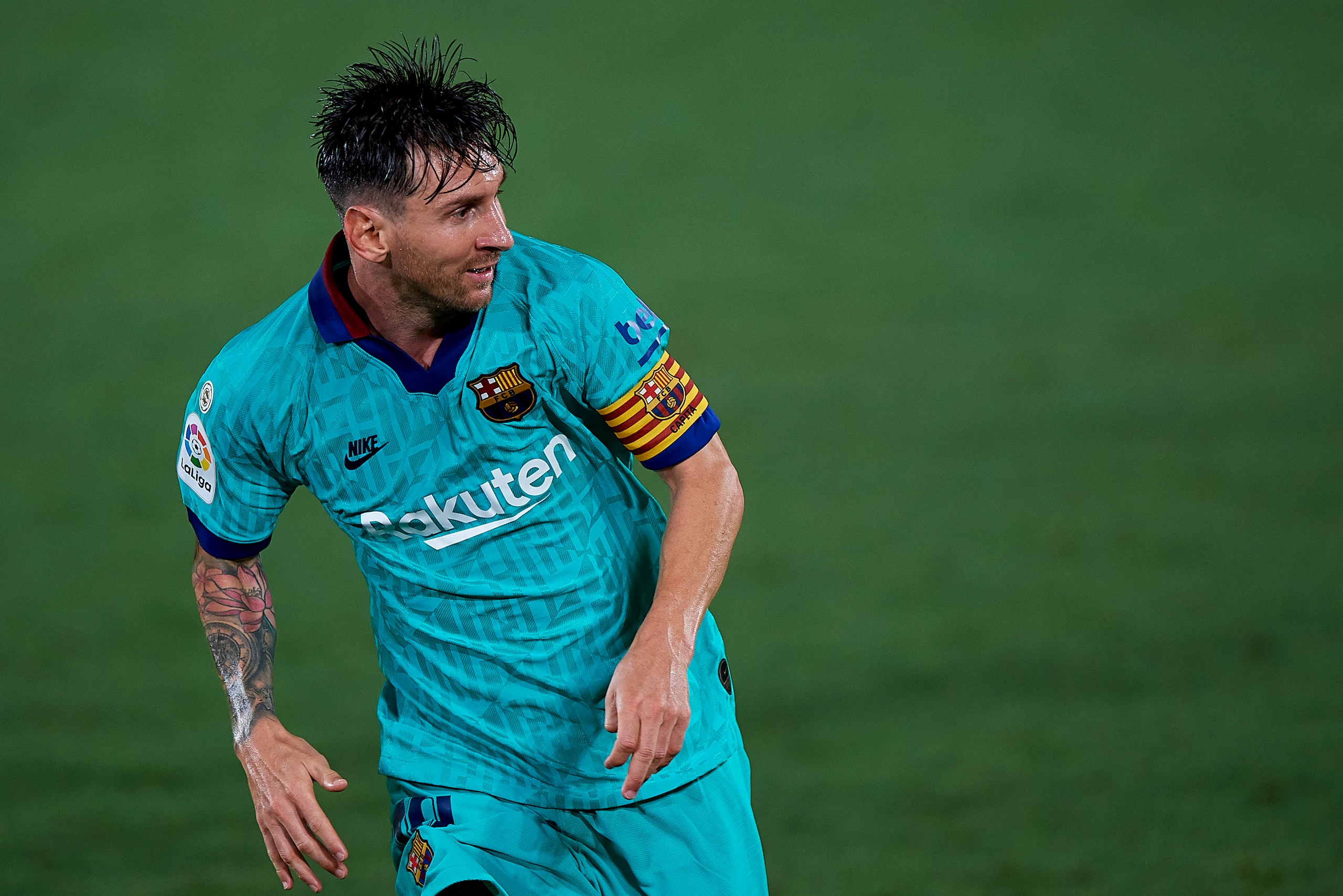 VILLAREAL, SPAIN - JULY 05: Lionel Messi of Barcelona in action during the Liga match between Villarreal CF and FC Barcelona at Estadio de la Ceramica on July 5, 2020 in Villareal, Spain. (Photo by Pablo Morano/MB Media/Getty Images)