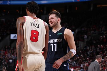 PORTLAND, OR - JANUARY 23: Luka Doncic #77 of the Dallas Mavericks smiles during the game against the Portland Trail Blazers on January 23, 2020 at the Moda Center Arena in Portland, Oregon. NOTE TO USER: User expressly acknowledges and agrees that, by do