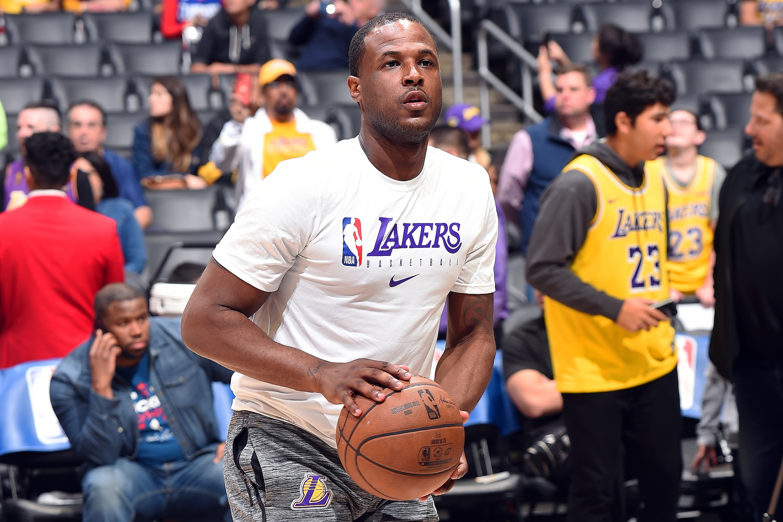 LOS ANGELES, CA - MARCH 8: Dion Waiters #18 of the Los Angeles Lakers warms up before the game against the LA Clippers on March 8, 2020 at STAPLES Center in Los Angeles, California. NOTE TO USER: User expressly acknowledges and agrees that, by downloading