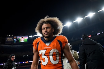 DENVER, CO - DECEMBER 29:  Phillip Lindsay #30 of the Denver Broncos walks off the field after a 16-15 win over the Oakland Raiders at Empower Field at Mile High on December 29, 2019 in Denver, Colorado.  (Photo by Dustin Bradford/Getty Images)