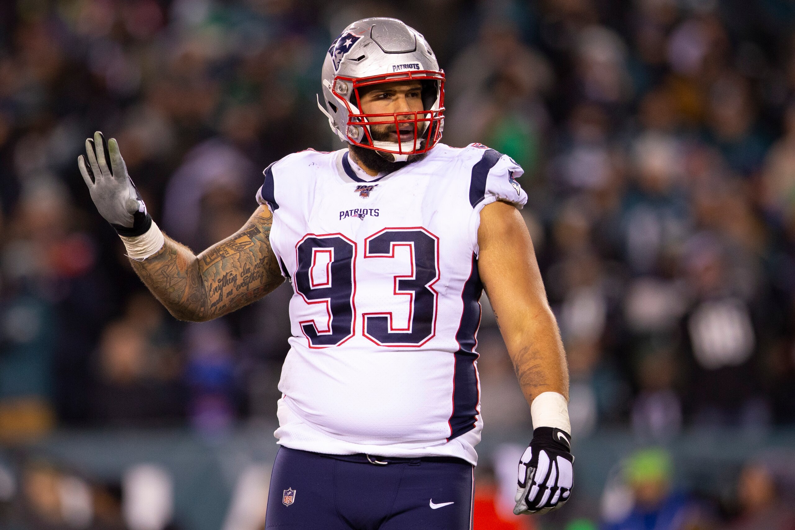 PHILADELPHIA, PA - NOVEMBER 17: Lawrence Guy #93 of the New England Patriots looks on against the Philadelphia Eagles at Lincoln Financial Field on November 17, 2019 in Philadelphia, Pennsylvania. (Photo by Mitchell Leff/Getty Images)