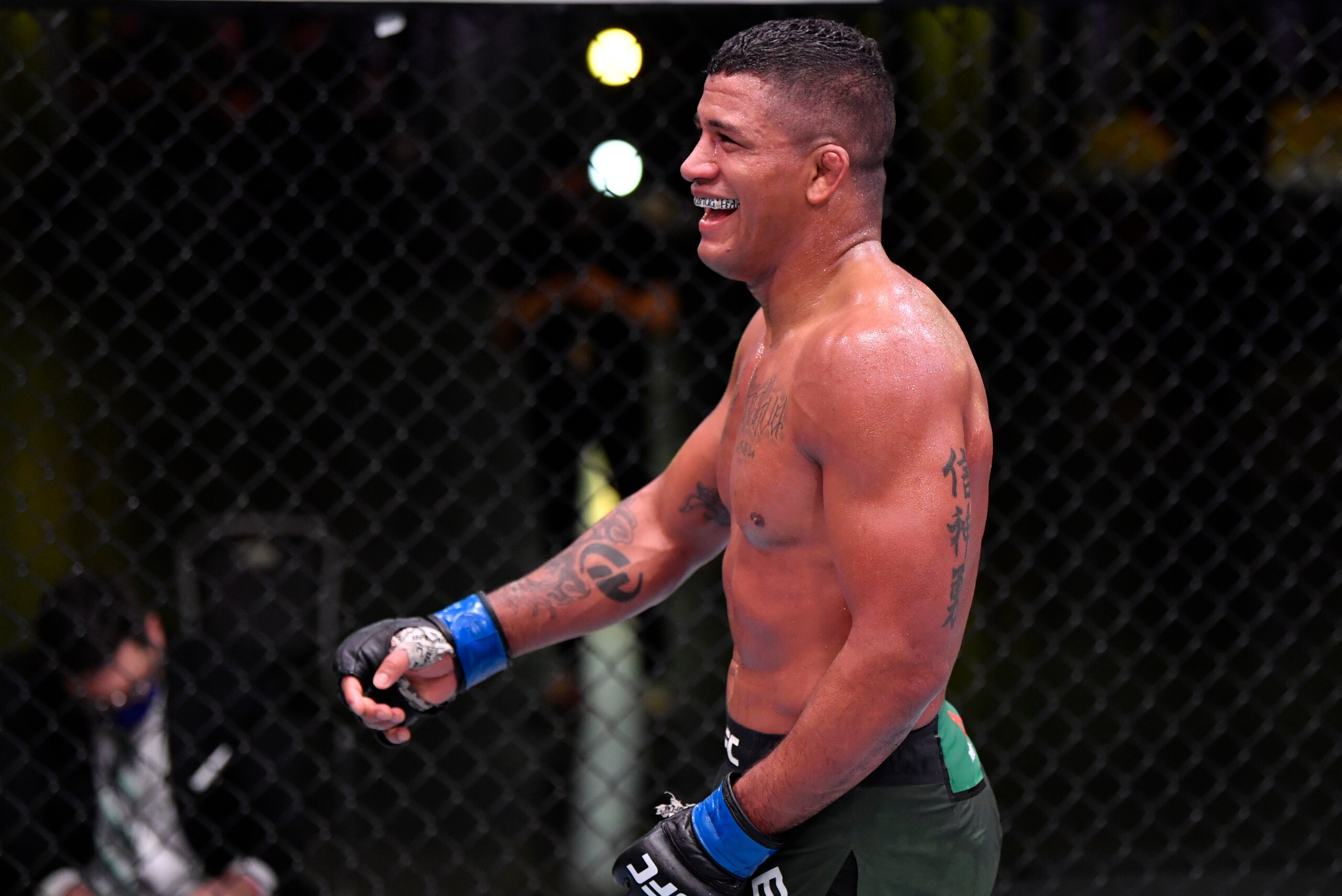 LAS VEGAS, NEVADA - MAY 30: Gilbert Burns of Brazil reacts after the conclusion of his welterweight fight against Tyron Woodley during the UFC Fight Night event at UFC APEX on May 30, 2020 in Las Vegas, Nevada. (Photo by Jeff Bottari/Zuffa LLC)