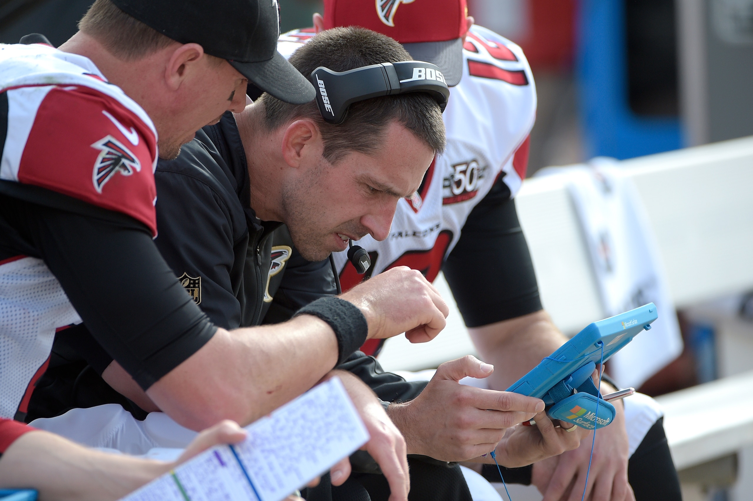 Current San Francisco 49ers head coach Kyle Shanahan during his time as the Atlanta Falcons offensive coordinator