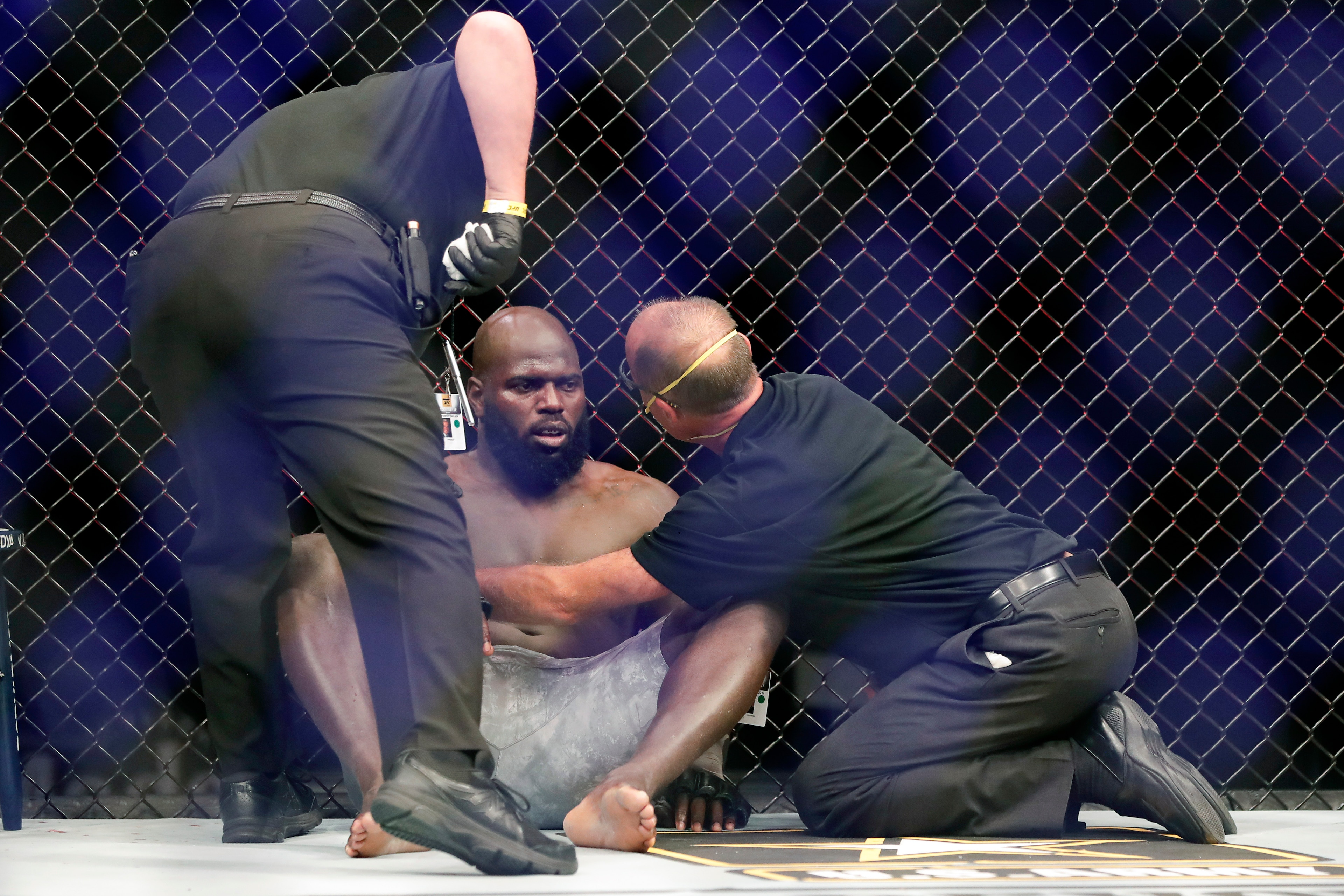 Rozenstruik after being knocked out by Francis Ngannou. Rozenstruik after being knocked out by Francis Ngannou.