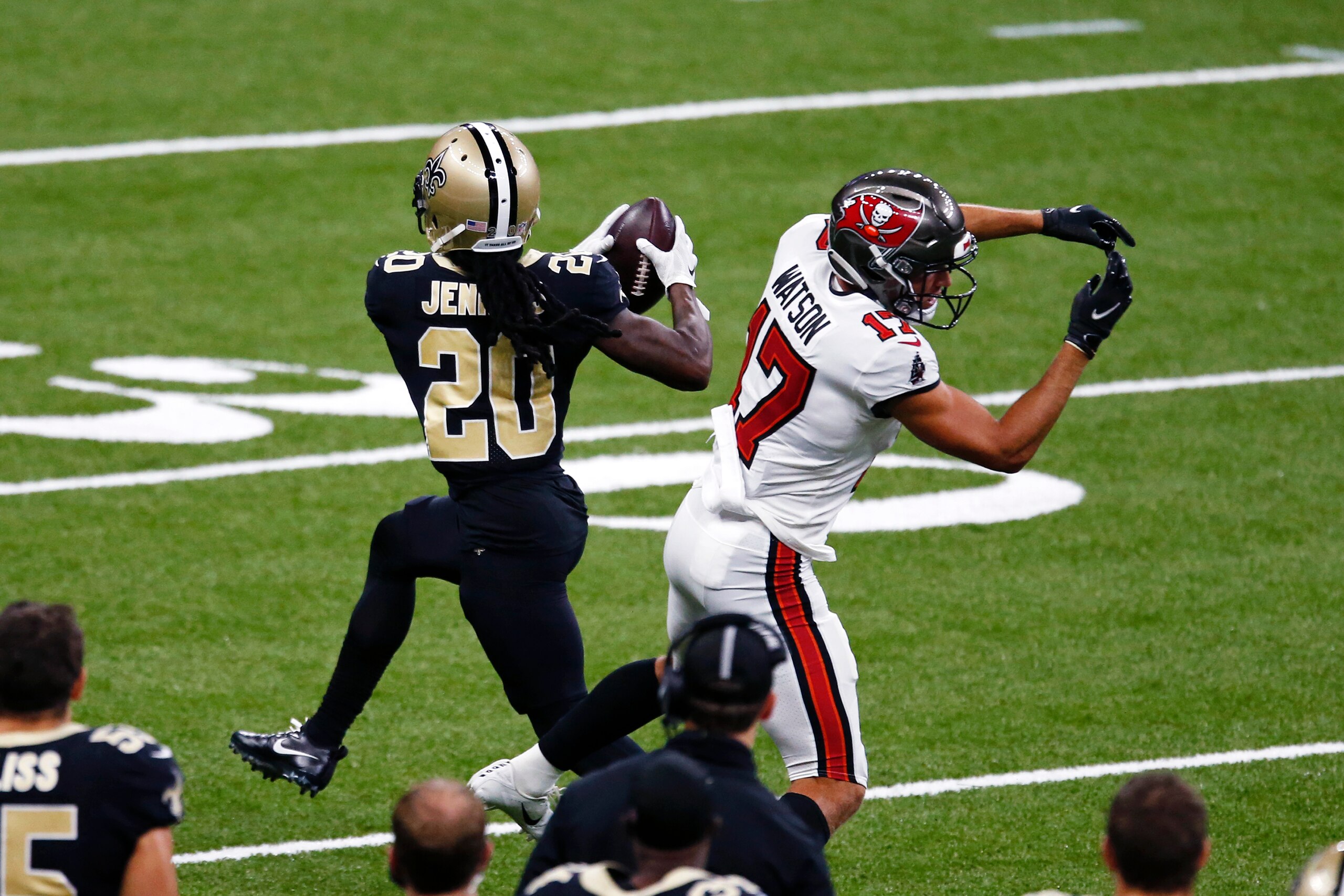 Janoris Jenkins picks off a Tom Brady pass and heads to the end zone in Sunday's Saints victory over the Bucs. Janoris Jenkins picks off a Tom Brady pass and heads to the end zone in Sunday's Saints victory over the Bucs.