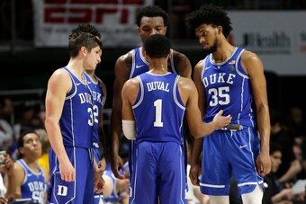 Duval started 34 games in his one season with Duke, alongside current NBA players Grayson Allen (left), Marvin Bagley III (right) and Wendell Carter Jr. (facing).