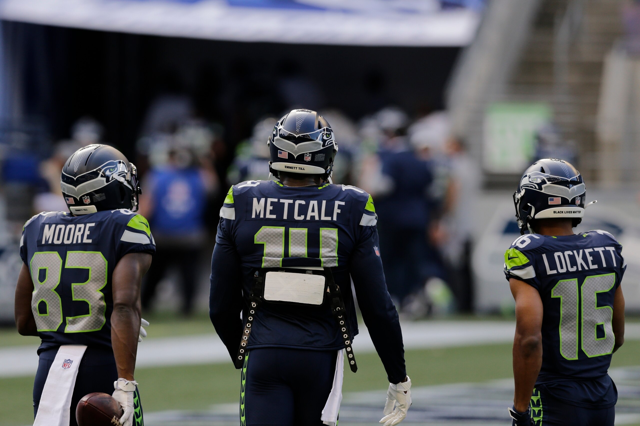 Seattle Seahawks wideouts David Moore, DK Metcalf and Tyler Lockett
