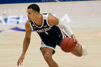Gonzaga's Jalen Suggs made seven three-pointers in the team's first game back from a COVID-19 pause. Gonzaga's Jalen Suggs made seven three-pointers in the team's first game back from a COVID-19 pause.