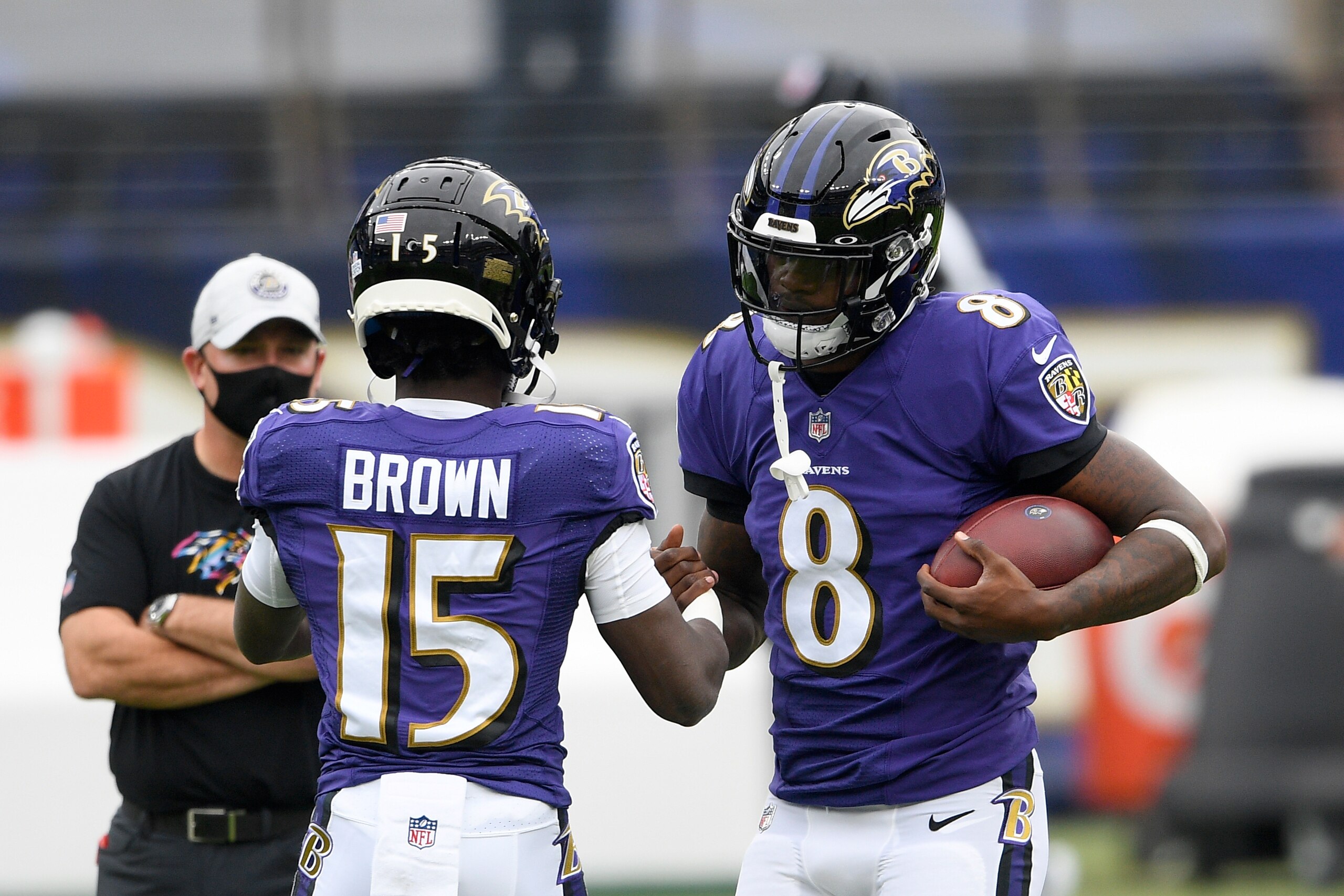 Baltimore Ravens wideout Marquise Brown and quarterback Lamar Jackson