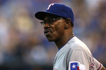 KANSAS CITY, MO - SEPTEMBER 3:  Ron Washington #38 manager of the Texas Rangers waits for an official ruling if Alex Gordon of the Kansas City Royals caught a ball hit by Ryan Rua of the Texas Rangers in the second inning at Kauffman Stadium on September 