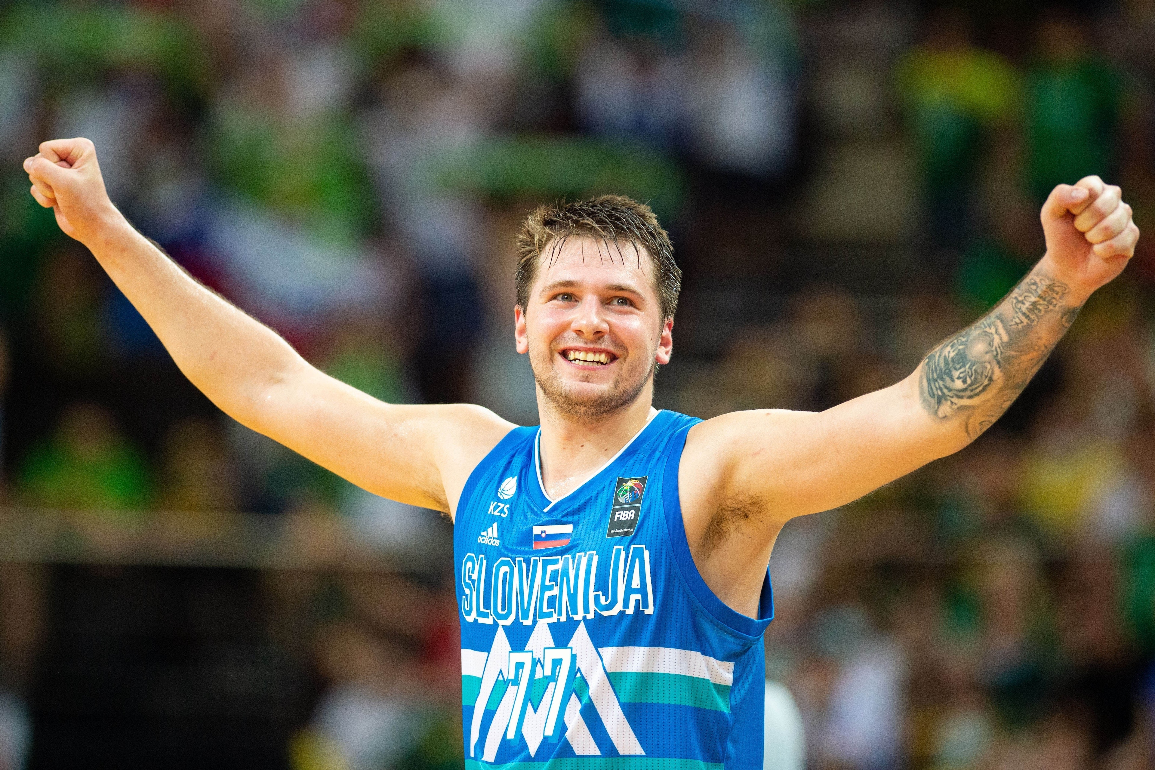 Luka Doncic of Slovenia celebrates during the 2020 FIBA Men's Olympic Qualifying Tournament final match between Lithuania and Slovenia in Kaunas, Lithuania, July 4, 2021. (Photo by Alfredas Pliadis/Xinhua via Getty Images)