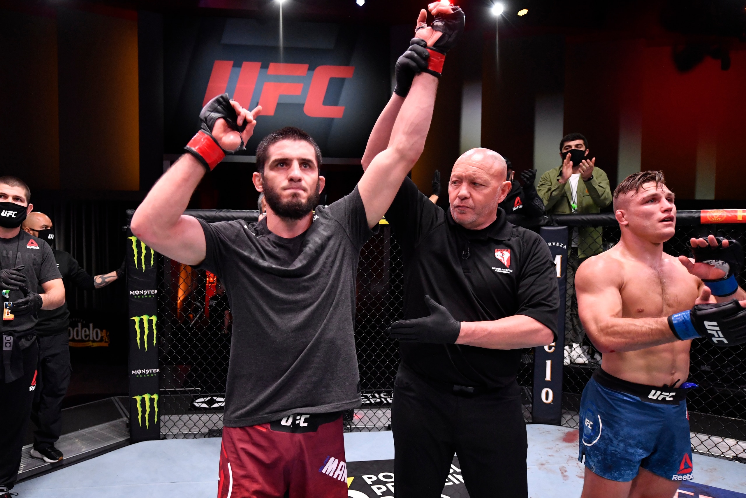 LAS VEGAS, NEVADA - MARCH 06: Islam Makhachev reacts after his submission victory over Drew Dober in their lightweight fight during the UFC 259 event at UFC APEX on March 06, 2021 in Las Vegas, Nevada. (Photo by Jeff Bottari/Zuffa LLC)