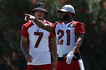 TEMPE, ARIZONA - JUNE 02: Cornerbacks Byron Murphy Jr. #7 and Malcolm Butler #21 of the Arizona Cardinals participate in an off-season workout at Dignity Health Arizona Cardinals Training Center on June 02, 2021 in Tempe, Arizona. (Photo by Christian Pete