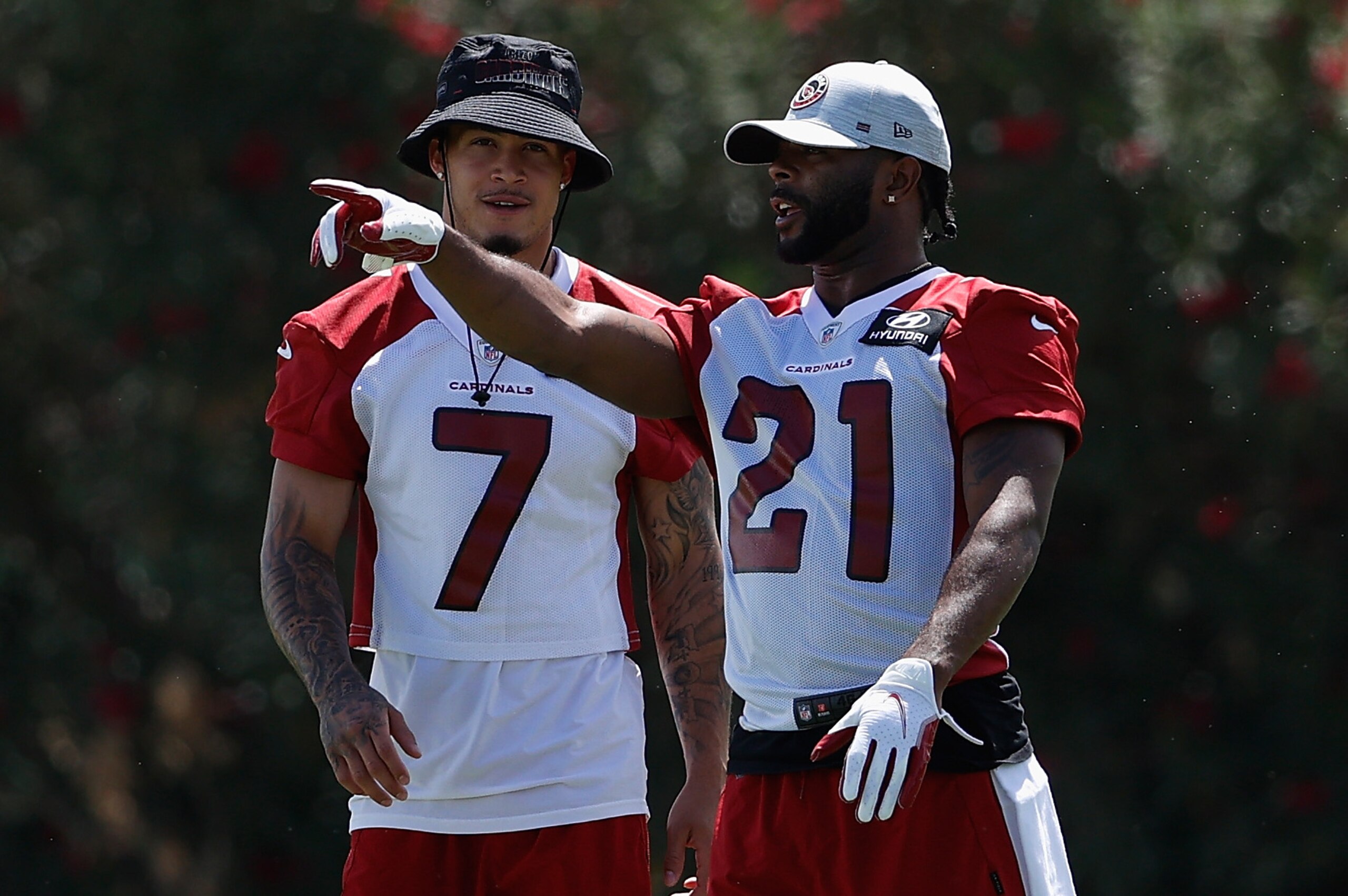 TEMPE, ARIZONA - JUNE 02: Cornerbacks Byron Murphy Jr. #7 and Malcolm Butler #21 of the Arizona Cardinals participate in an off-season workout at Dignity Health Arizona Cardinals Training Center on June 02, 2021 in Tempe, Arizona. (Photo by Christian Pete TEMPE, ARIZONA - JUNE 02: Cornerbacks Byron Murphy Jr. #7 and Malcolm Butler #21 of the Arizona Cardinals participate in an off-season workout at Dignity Health Arizona Cardinals Training Center on June 02, 2021 in Tempe, Arizona. (Photo by Christian Pete