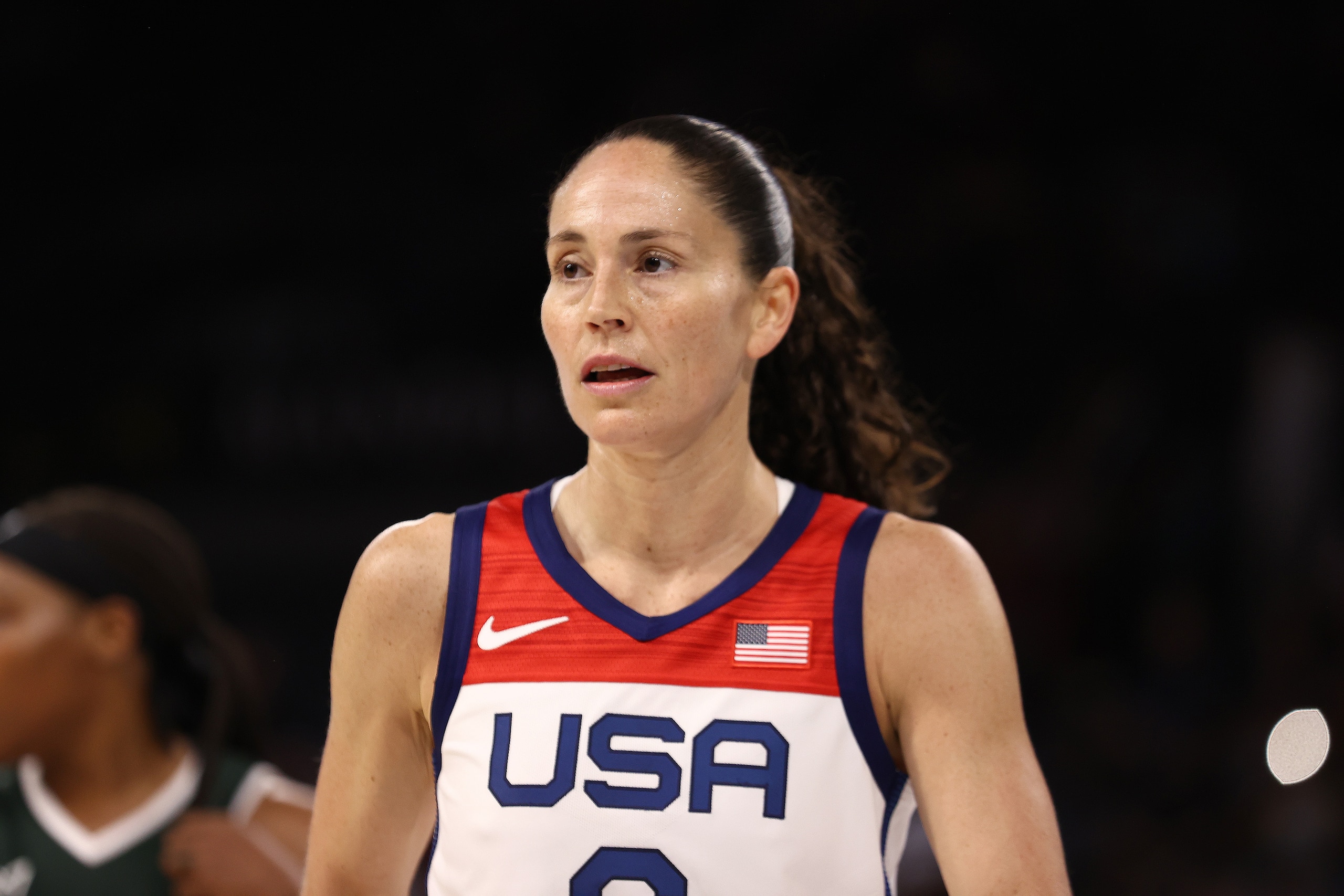 LAS VEGAS, NV - JULY 18:  Sue Bird #6 of the USA Basketball Womens National Team looks on during the game against the Nigeria Women's National Team on July 18, 2021 at Michelob ULTRA Arena in Las Vegas, Nevada. NOTE TO USER: User expressly acknowledges an