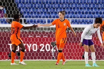 YOKOHAMA, JAPAN - JULY 27: Miedema Vivianne #9 of Netherland celebrates her scoring in the Women's First Round match during the Tokyo 2020 Olympic Games between Netherland and China at International Stadium Yokohama on July 27, 2021 in Yokohama, Tokyo, Ja