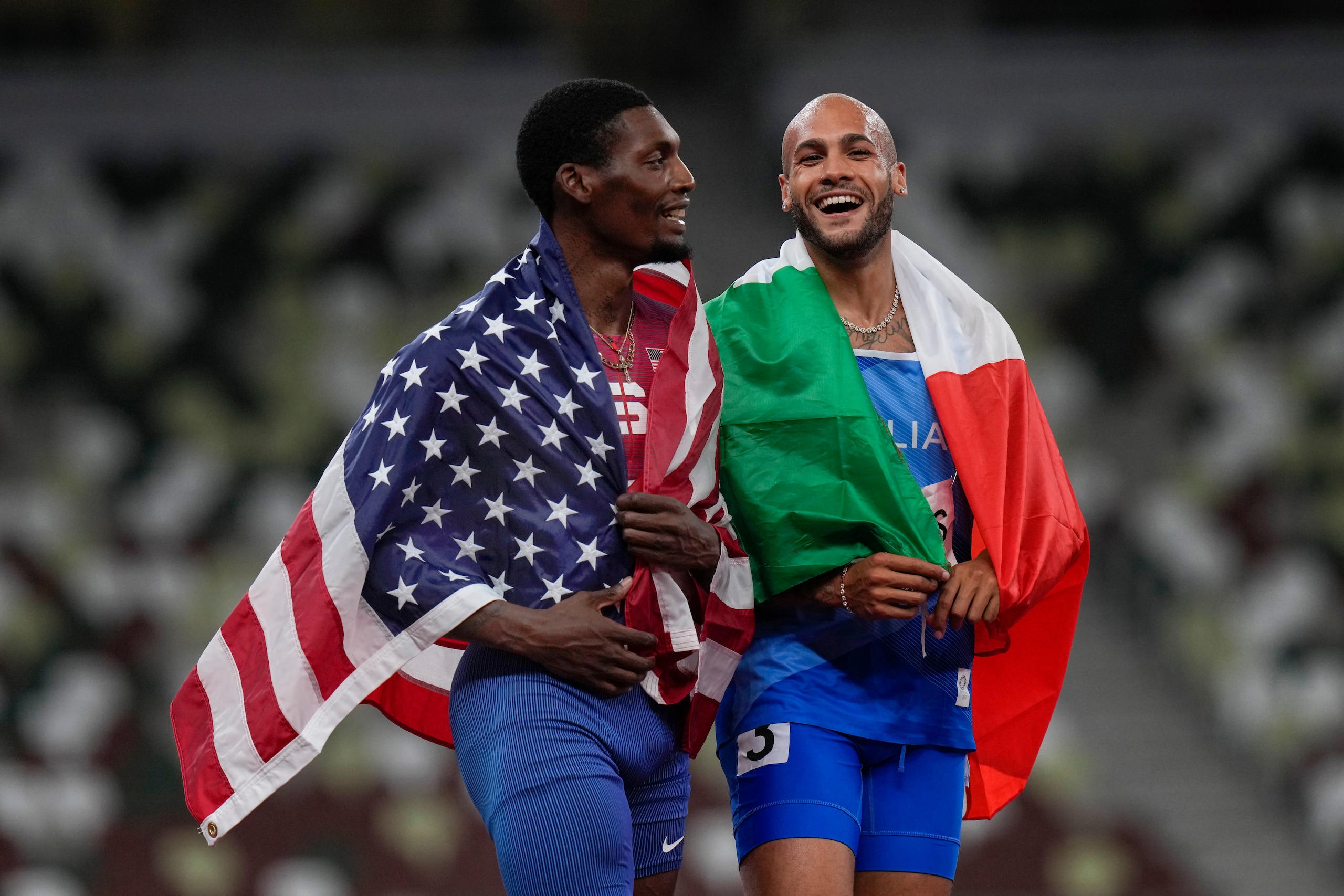 Fred Kerley (left) scored a silver for the United States in his Olympic 100 meters debut.