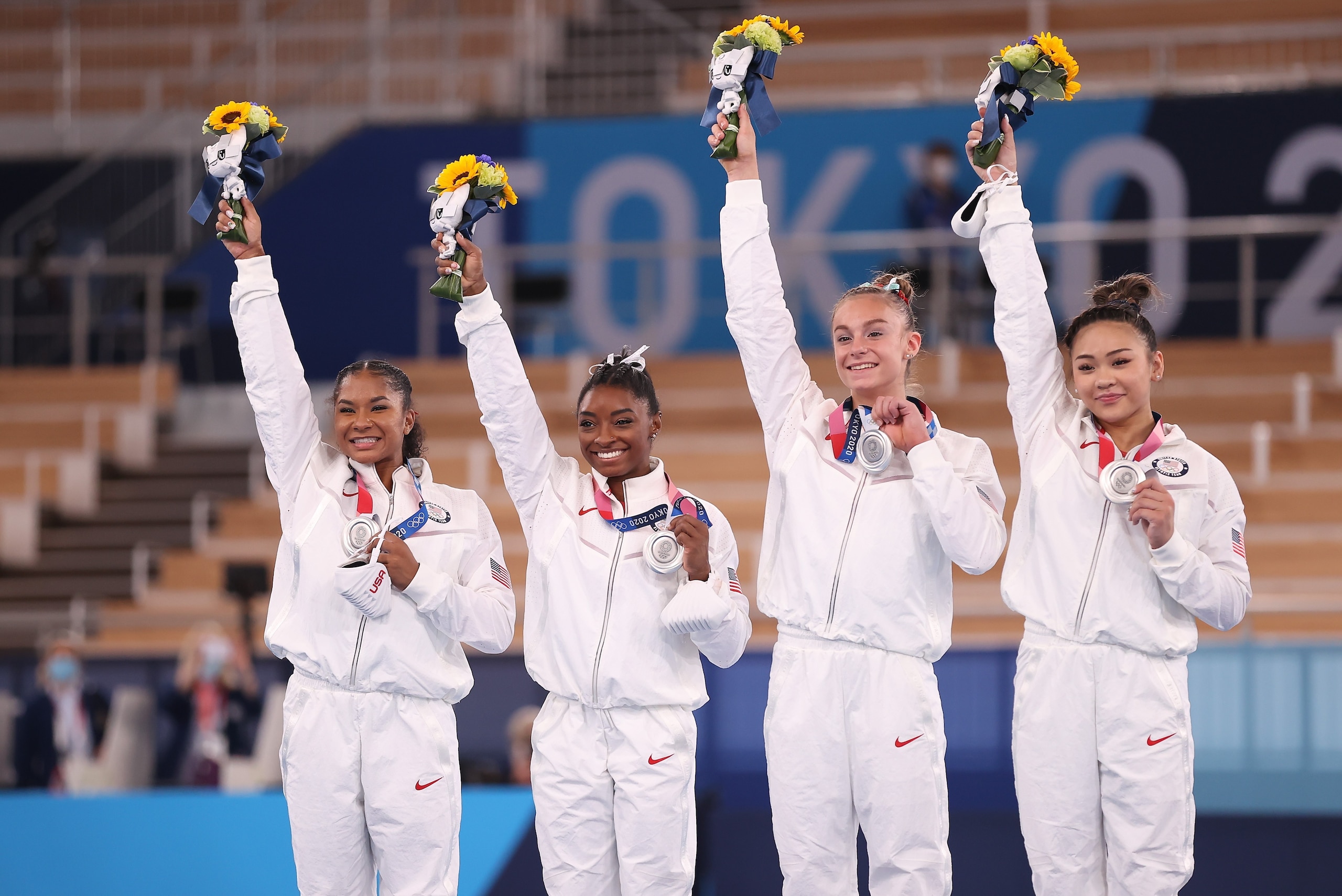 The four gymnasts who won silver for the United States in the women's team final. The four gymnasts who won silver for the United States in the women's team final.