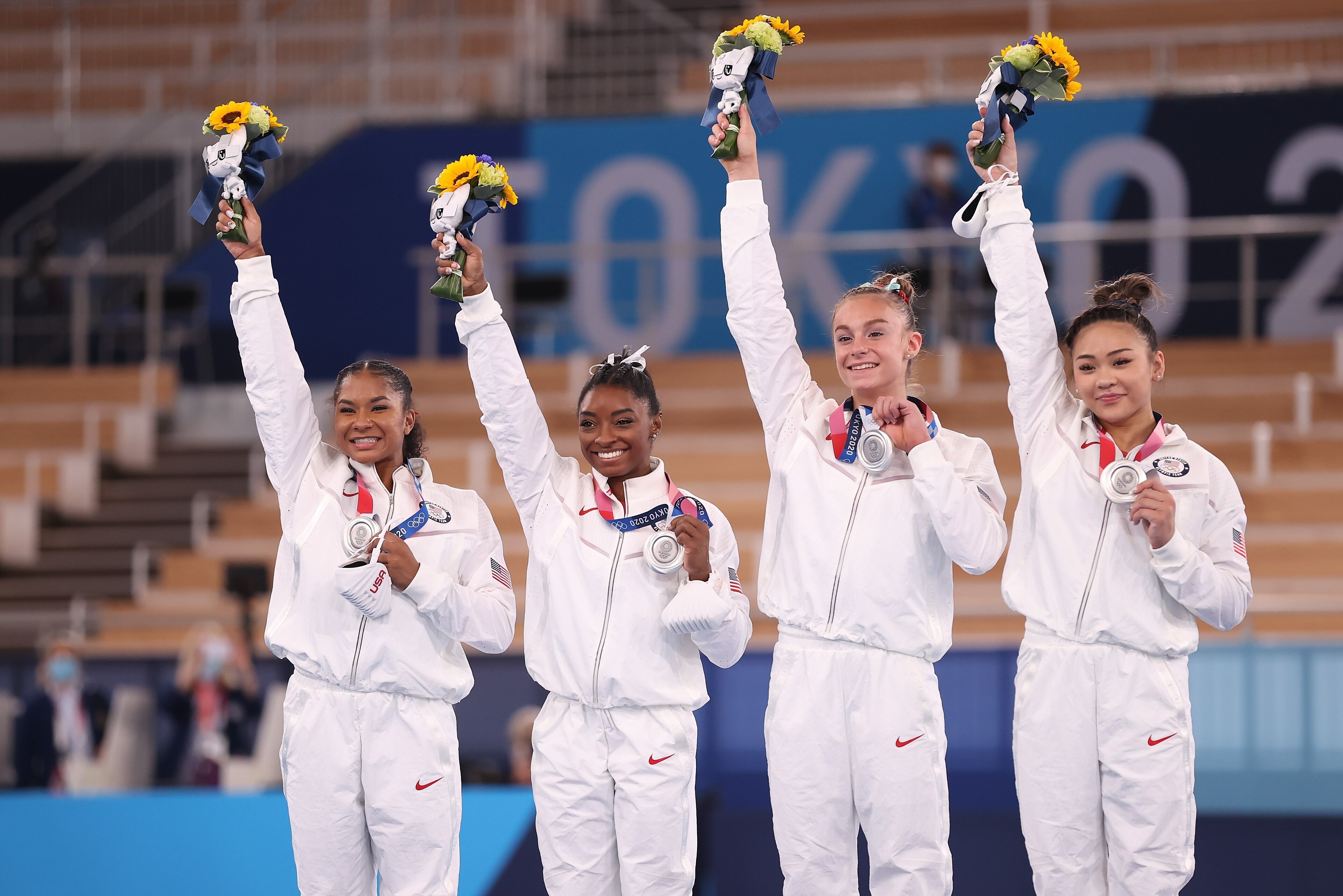 The four gymnasts who won silver for the United States in the women's team final.