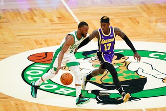 Basketball: Boston Celtics Kemba Walker (8) in action vs Los Angeles Dennis Schroder (17) Lakers at TD Garden.
Boston, MA 1/30/2021
CREDIT: Erick W. Rasco (Photo by Erick W. Rasco/Sports Illustrated via Getty Images) (Set Number: X163511 TK1)