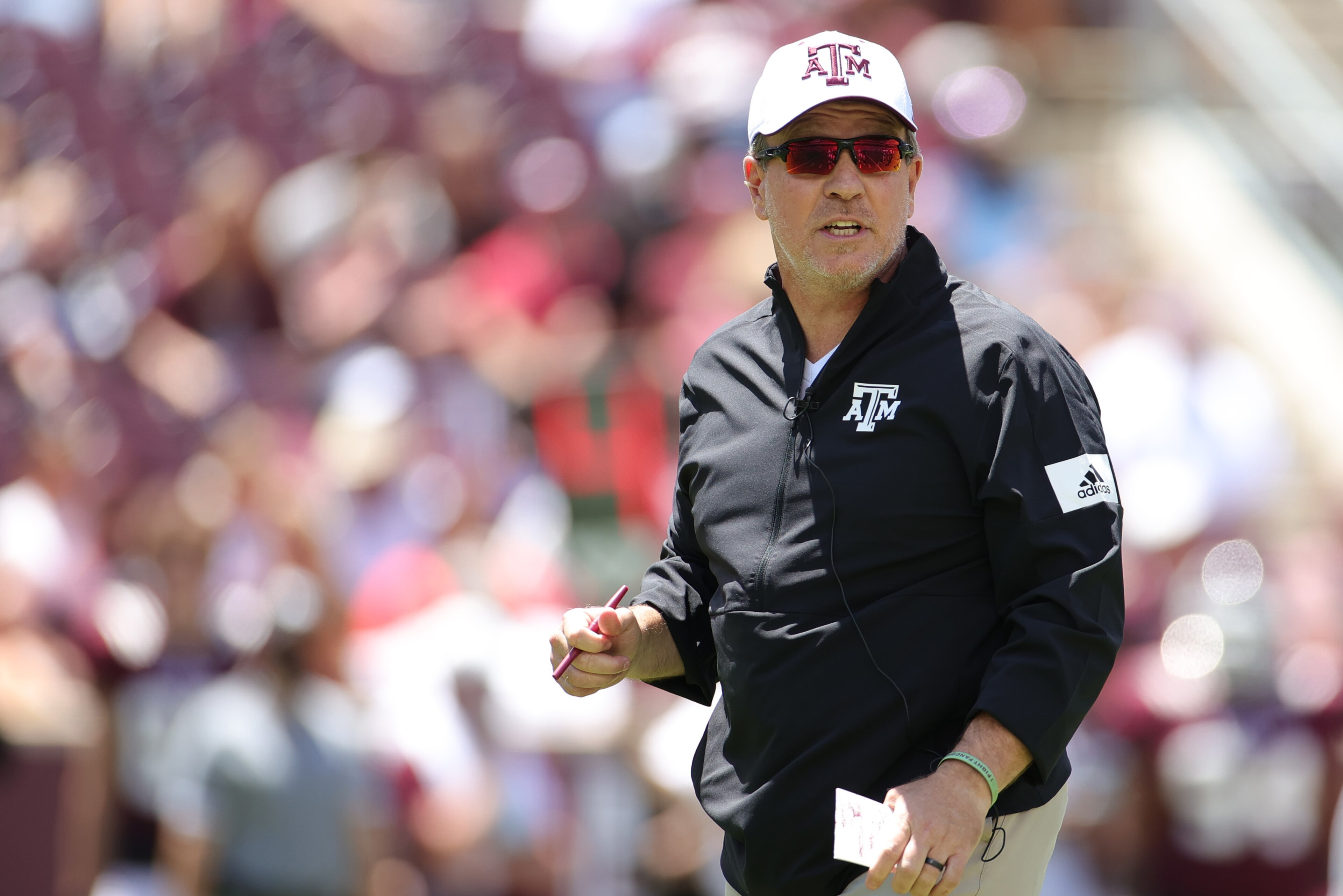 COLLEGE STATION, TEXAS - APRIL 24: Head coach Jimbo Fisher of the Texas A&M Aggies calls out to a player during the first half of the spring game at Kyle Field on April 24, 2021 in College Station, Texas. (Photo by Carmen Mandato/Getty Images)