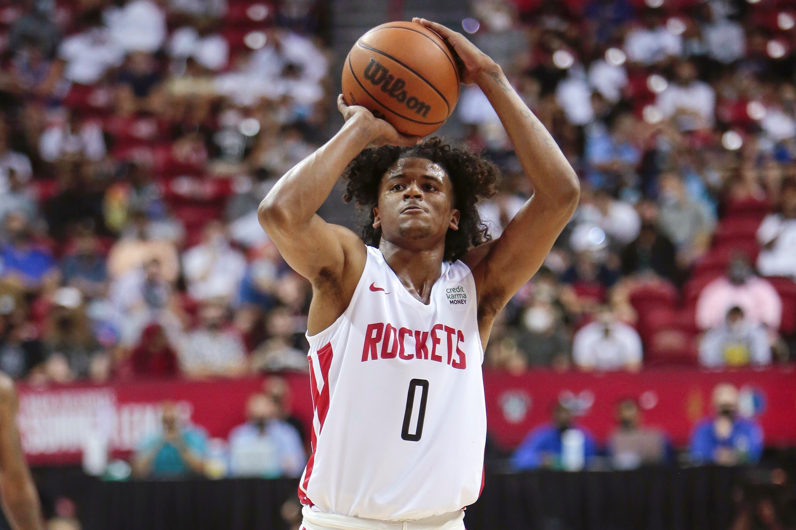 LAS VEGAS, NV - AUGUST 10: Jalen Green #0 of the Houston Rockets shoots a free throw during the 2021 Las Vegas Summer League on August 10, 2021 at the Thomas & Mack Center in Las Vegas, Nevada. NOTE TO USER: User expressly acknowledges and agrees that, by
