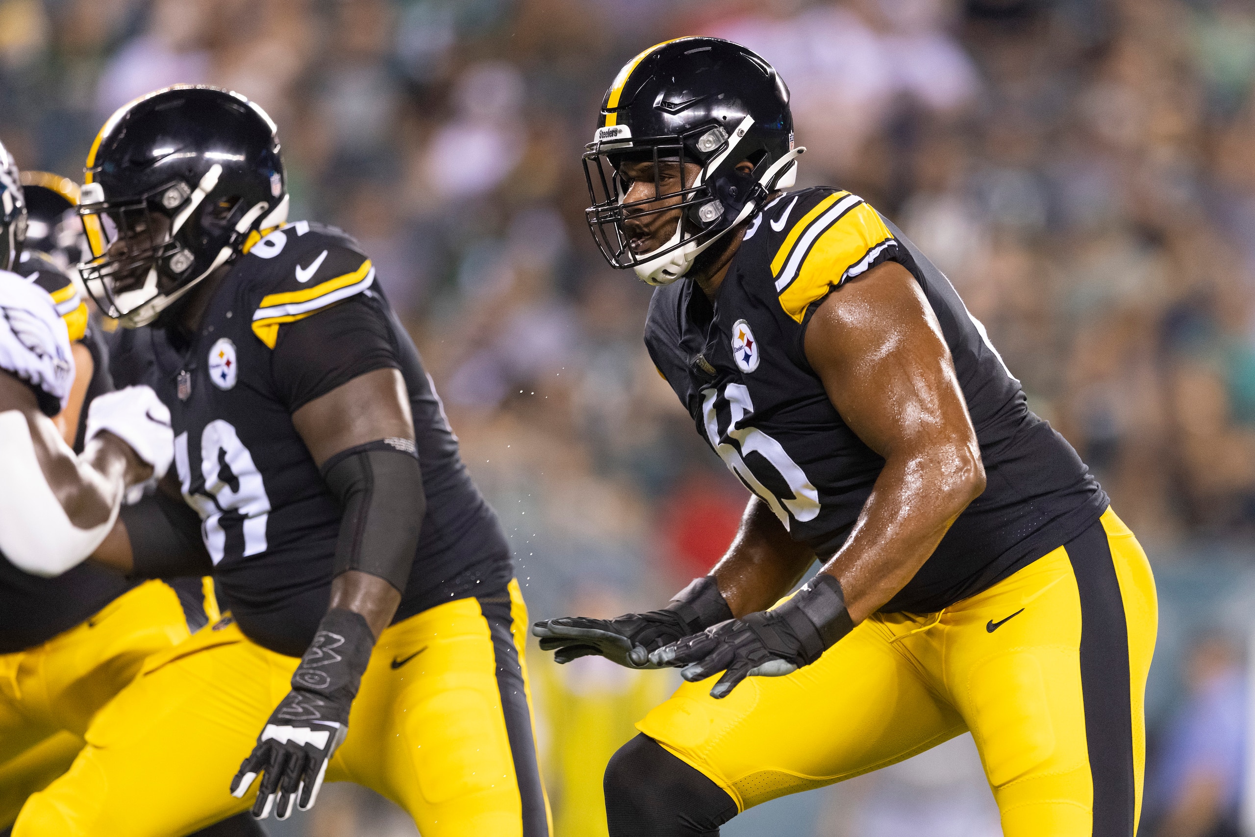 PHILADELPHIA, PA - AUGUST 12: Dan Moore Jr. #65 of the Pittsburgh Steelers in action against the Philadelphia Eagles during the preseason game at Lincoln Financial Field on August 12, 2021 in Philadelphia, Pennsylvania. (Photo by Mitchell Leff/Getty Image