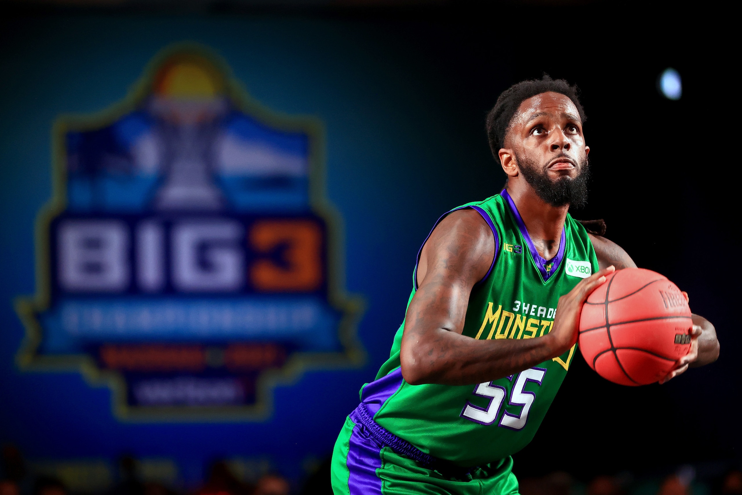NASSAU, BAHAMAS - AUGUST 28: Kevin Murphy #55 of the 3 Headed Monsters attempts a free throw during the game against the Triplets during the BIG3 - Playoffs at Atlantis Paradise Island on August 28, 2021 in Nassau, Bahamas. (Photo by Mike Ehrmann/Getty Im