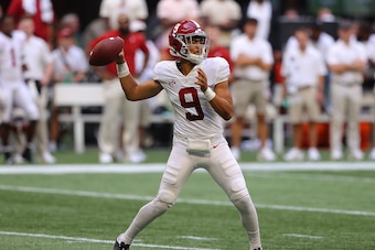 ATLANTA, GEORGIA - SEPTEMBER 04:  Bryce Young #9 of the Alabama Crimson Tide looks to pass against the Miami Hurricanes during the first half of the Chick-fil-A Kick-Off Game at Mercedes-Benz Stadium on September 04, 2021 in Atlanta, Georgia. (Photo by Ke