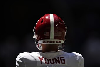 ATLANTA, GEORGIA - SEPTEMBER 04:  Bryce Young #9 of the Alabama Crimson Tide warmups up prior to facing the Miami Hurricanes during the Chick-fil-A Kick-Off Game at Mercedes-Benz Stadium on September 04, 2021 in Atlanta, Georgia. (Photo by Kevin C. Cox/Ge