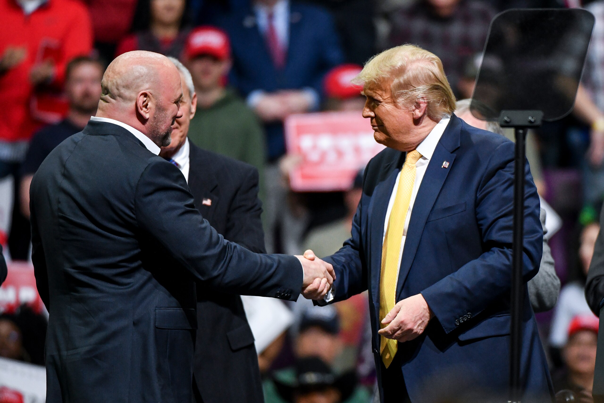 COLORADO SPRINGS, CO - FEBRUARY 20: Ultimate Fighting Championship president Dana White greets President Donald Trump on stage during a Keep America Great rally on February 20, 2020 in Colorado Springs, Colorado. Vice President Mike Pence and Sen. Cory Ga
