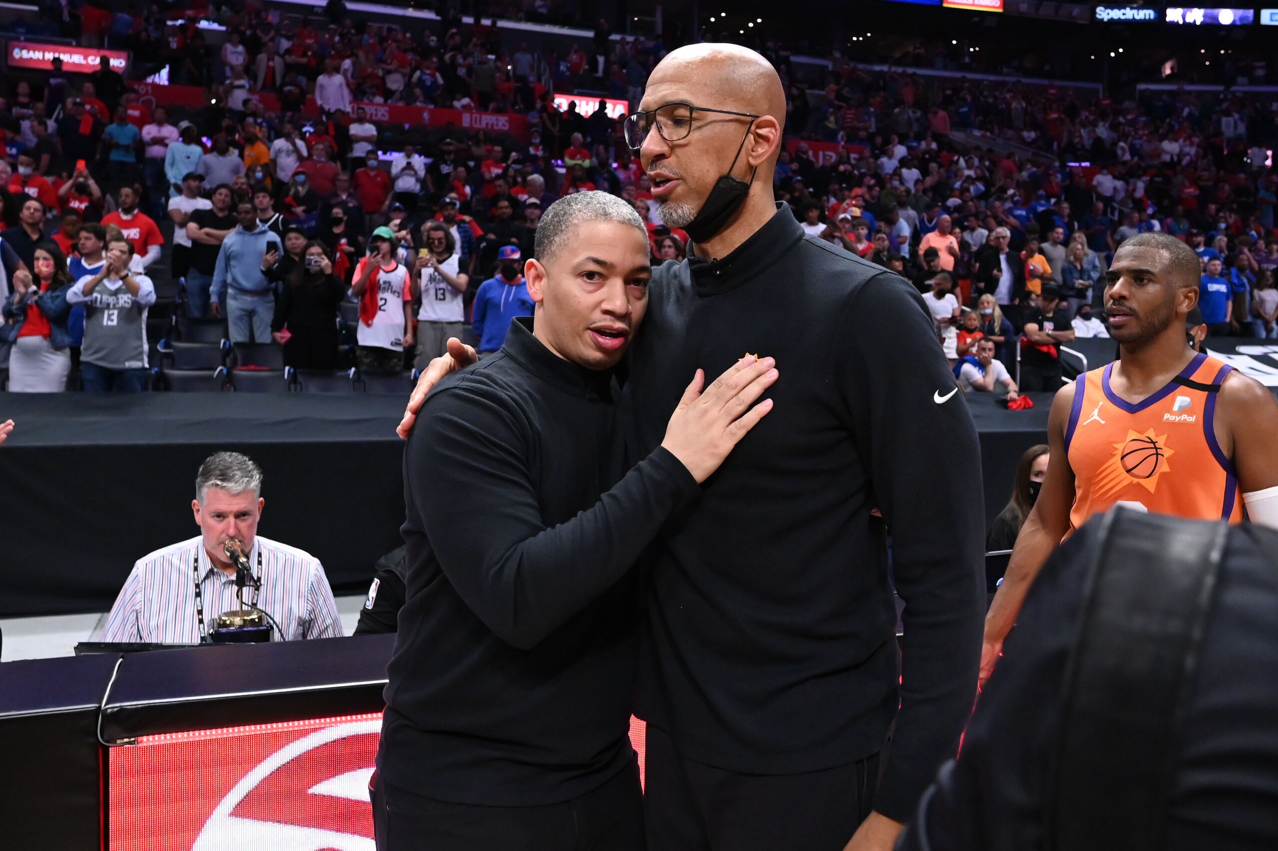LOS ANGELES, CA - JUNE 30: Head Coach Tyronn Lue of the Los Angeles Clippers and Head Coach Monty Williams of the Phoenix Suns talk after the game during Game 6 of the Western Conference Finals of the 2021 NBA Playoffs on June 30, 2021 at STAPLES Center i