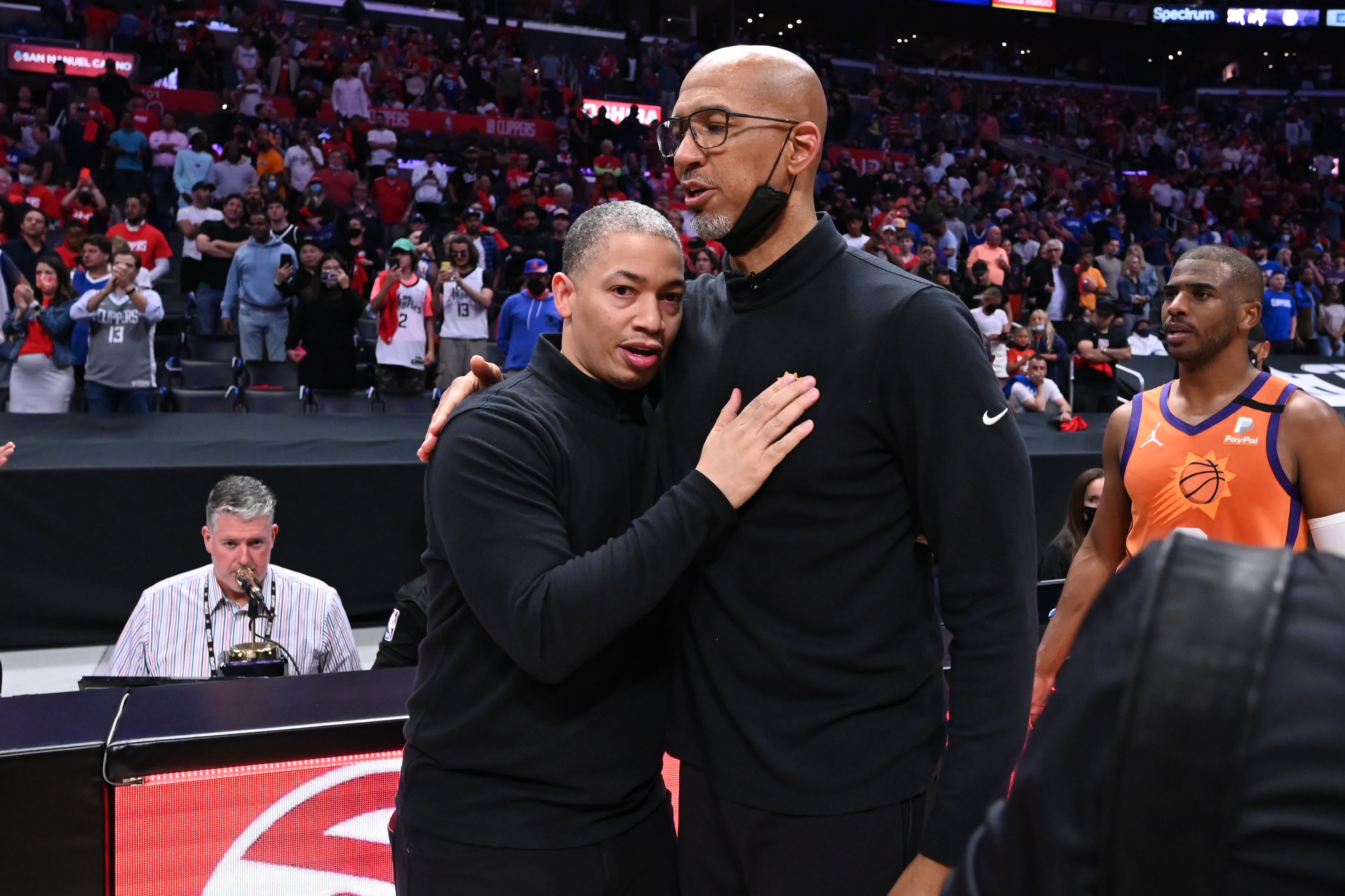 LOS ANGELES, CA - JUNE 30: Head Coach Tyronn Lue of the Los Angeles Clippers and Head Coach Monty Williams of the Phoenix Suns talk after the game during Game 6 of the Western Conference Finals of the 2021 NBA Playoffs on June 30, 2021 at STAPLES Center i