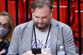 MIAMI, FLORIDA - MAY 13: President of Basketball Operations Daryl Morey of the Philadelphia 76ers looks on prior to the game against the Miami Heat at American Airlines Arena on May 13, 2021 in Miami, Florida. NOTE TO USER: User expressly acknowledges and
