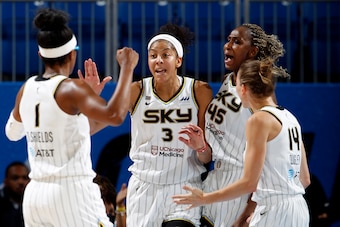 CHICAGO, IL - SEPTEMBER 12: Candace Parker #3 of the Chicago Sky reacts to a play during the game against the Washington Mystics on September 12, 2021 at the Wintrust Arena in Chicago, Illinois. NOTE TO USER: User expressly acknowledges and agrees that, b