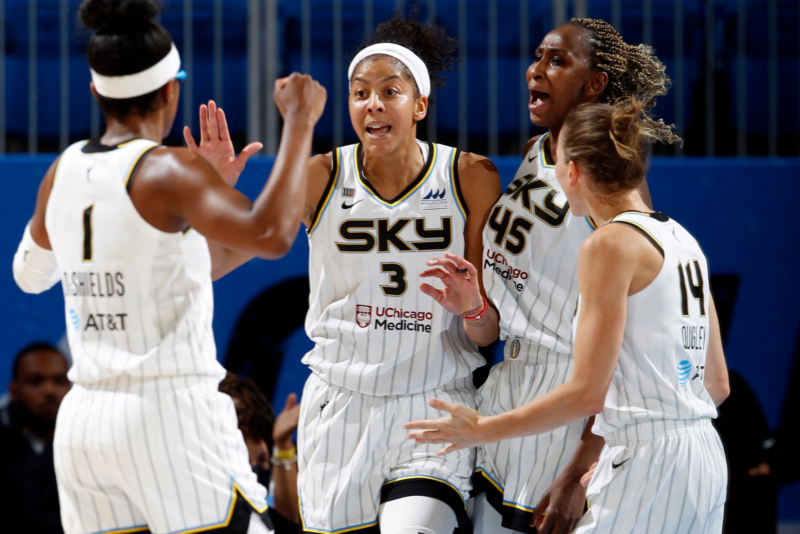 CHICAGO, IL - SEPTEMBER 12: Candace Parker #3 of the Chicago Sky reacts to a play during the game against the Washington Mystics on September 12, 2021 at the Wintrust Arena in Chicago, Illinois. NOTE TO USER: User expressly acknowledges and agrees that, b