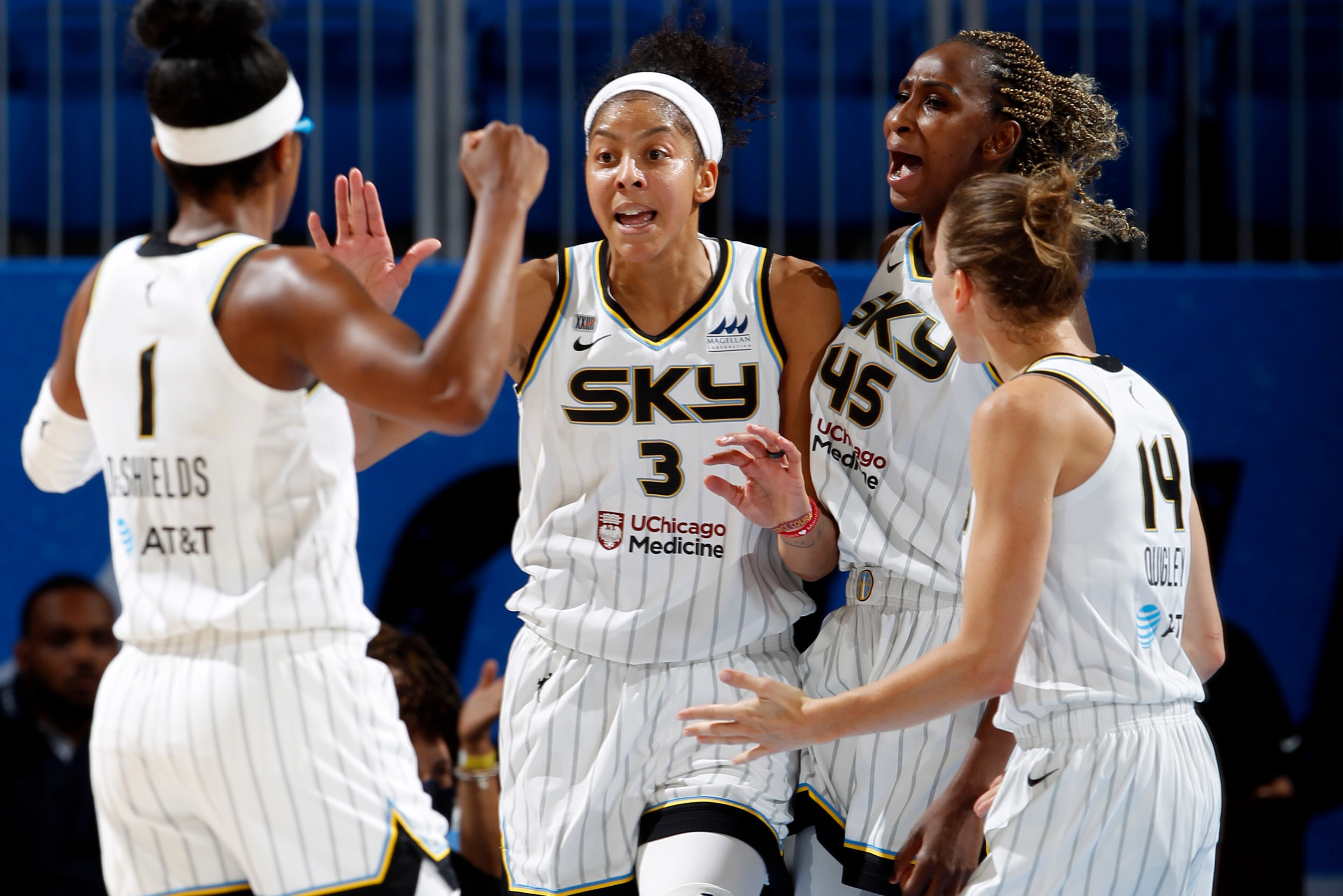 CHICAGO, IL - SEPTEMBER 12: Candace Parker #3 of the Chicago Sky reacts to a play during the game against the Washington Mystics on September 12, 2021 at the Wintrust Arena in Chicago, Illinois. NOTE TO USER: User expressly acknowledges and agrees that, b CHICAGO, IL - SEPTEMBER 12: Candace Parker #3 of the Chicago Sky reacts to a play during the game against the Washington Mystics on September 12, 2021 at the Wintrust Arena in Chicago, Illinois. NOTE TO USER: User expressly acknowledges and agrees that, b