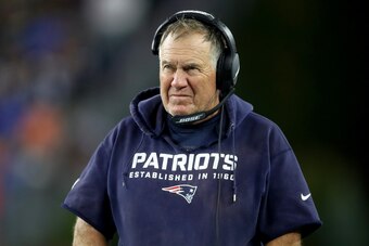 FOXBOROUGH, MASSACHUSETTS - OCTOBER 03: Head coach Bill Belichick of the New England Patriots looks on against the Tampa Bay Buccaneers during the second half at Gillette Stadium on October 03, 2021 in Foxborough, Massachusetts. (Photo by Adam Glanzman/Ge