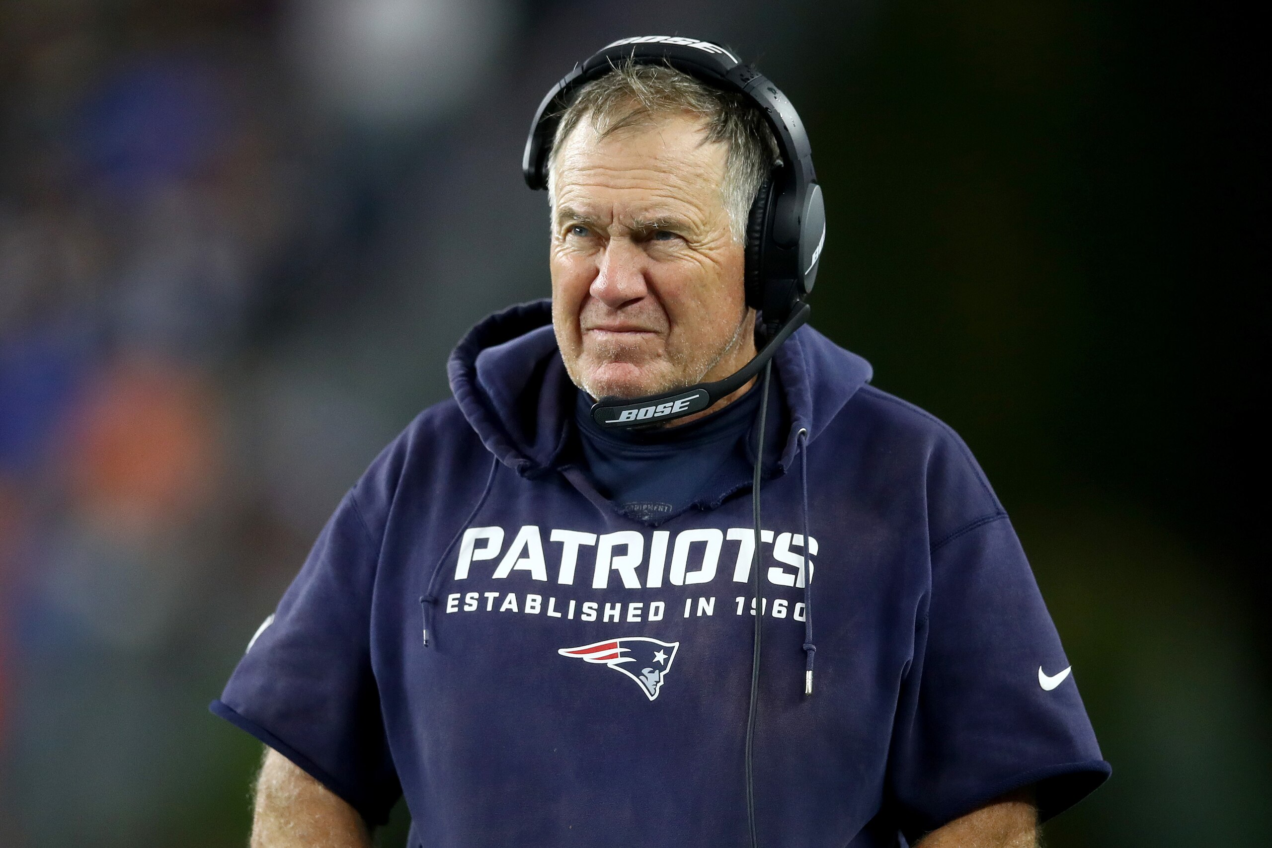 FOXBOROUGH, MASSACHUSETTS - OCTOBER 03: Head coach Bill Belichick of the New England Patriots looks on against the Tampa Bay Buccaneers during the second half at Gillette Stadium on October 03, 2021 in Foxborough, Massachusetts. (Photo by Adam Glanzman/Ge