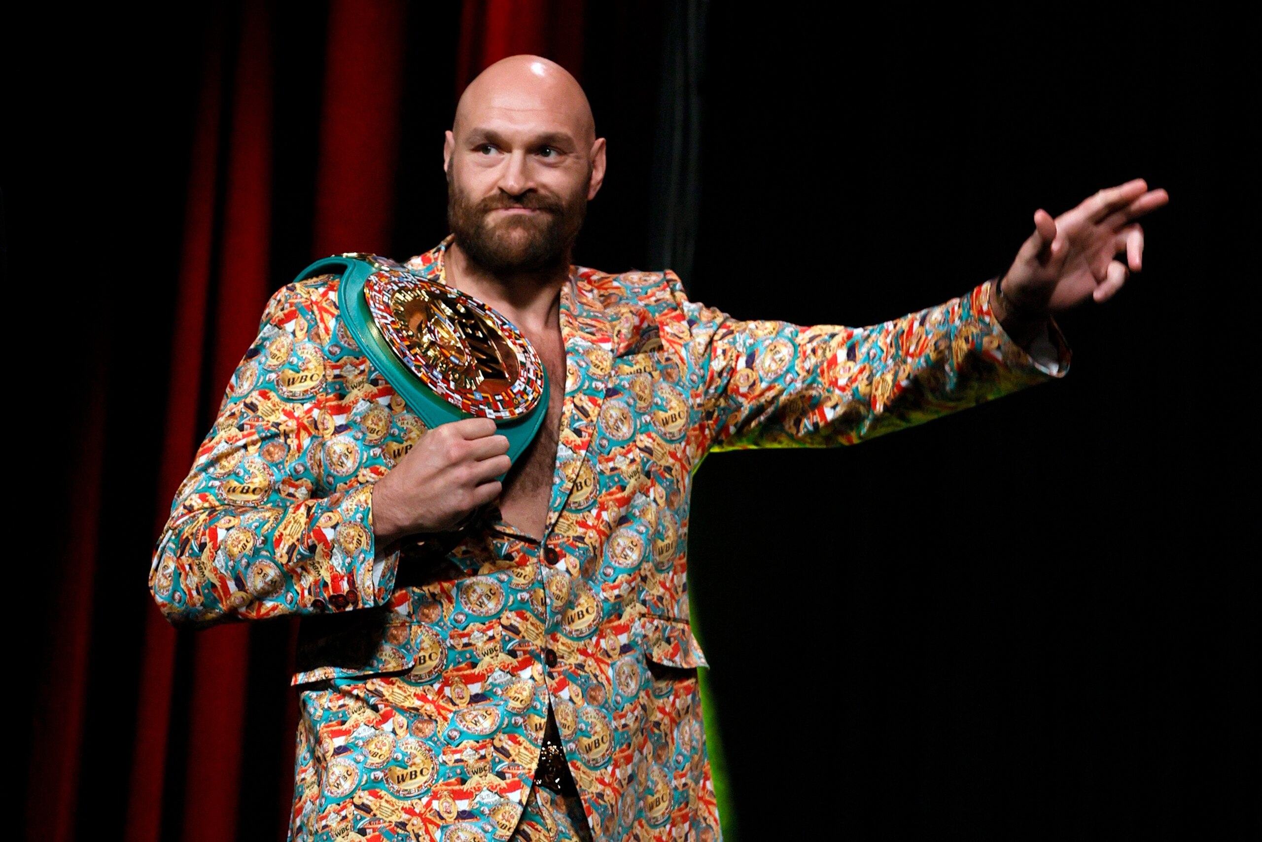 LAS VEGAS, NEVADA - OCTOBER 06:  WBC heavyweight champion Tyson Fury arrives a news conference at MGM Grand Garden Arena on October 6, 2021 in Las Vegas, Nevada. Fury will defend his title against Deontay Wilder on October 9 at T-Mobile Arena in Las Vegas