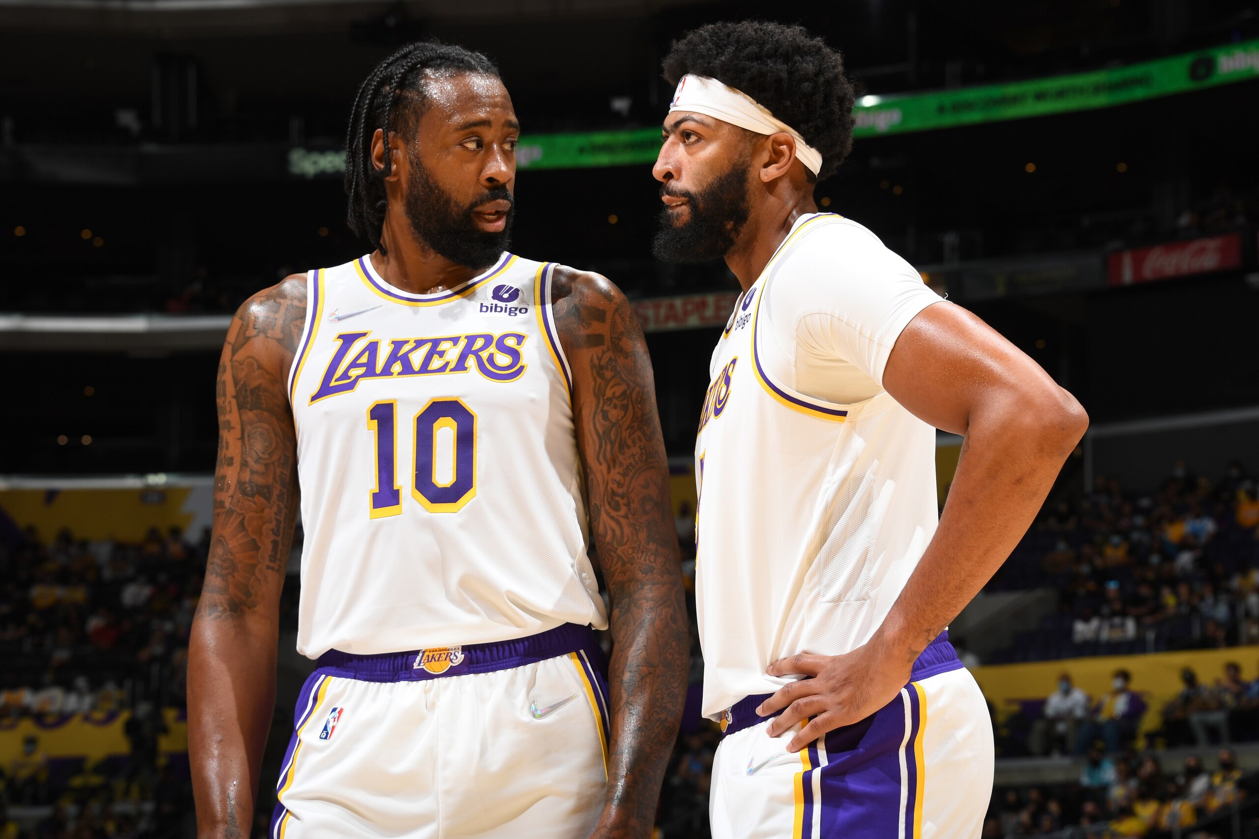 LOS ANGELES, CA - OCTOBER 3: Anthony Davis #3 talks with DeAndre Jordan #10 of the Los Angeles Lakers during the game against the Brooklyn Nets on October 3, 2021 at STAPLES Center in Los Angeles, California. NOTE TO USER: User expressly acknowledges and 
