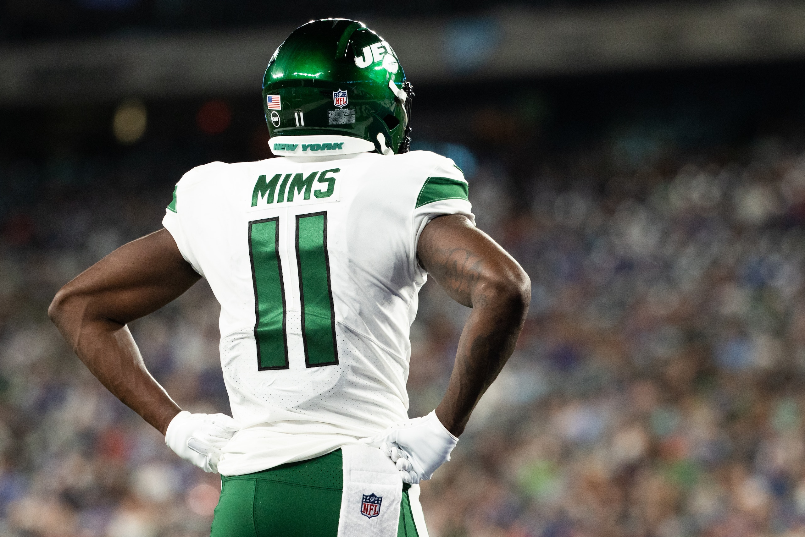 EAST RUTHERFORD, NJ - AUGUST 14: Denzel Mims #11 of the New York Jets during third quarter of a preseason game against the New York Giants at MetLife Stadium on August 14, 2021 in East Rutherford, New Jersey. (Photo by Dustin Satloff/Getty Images)